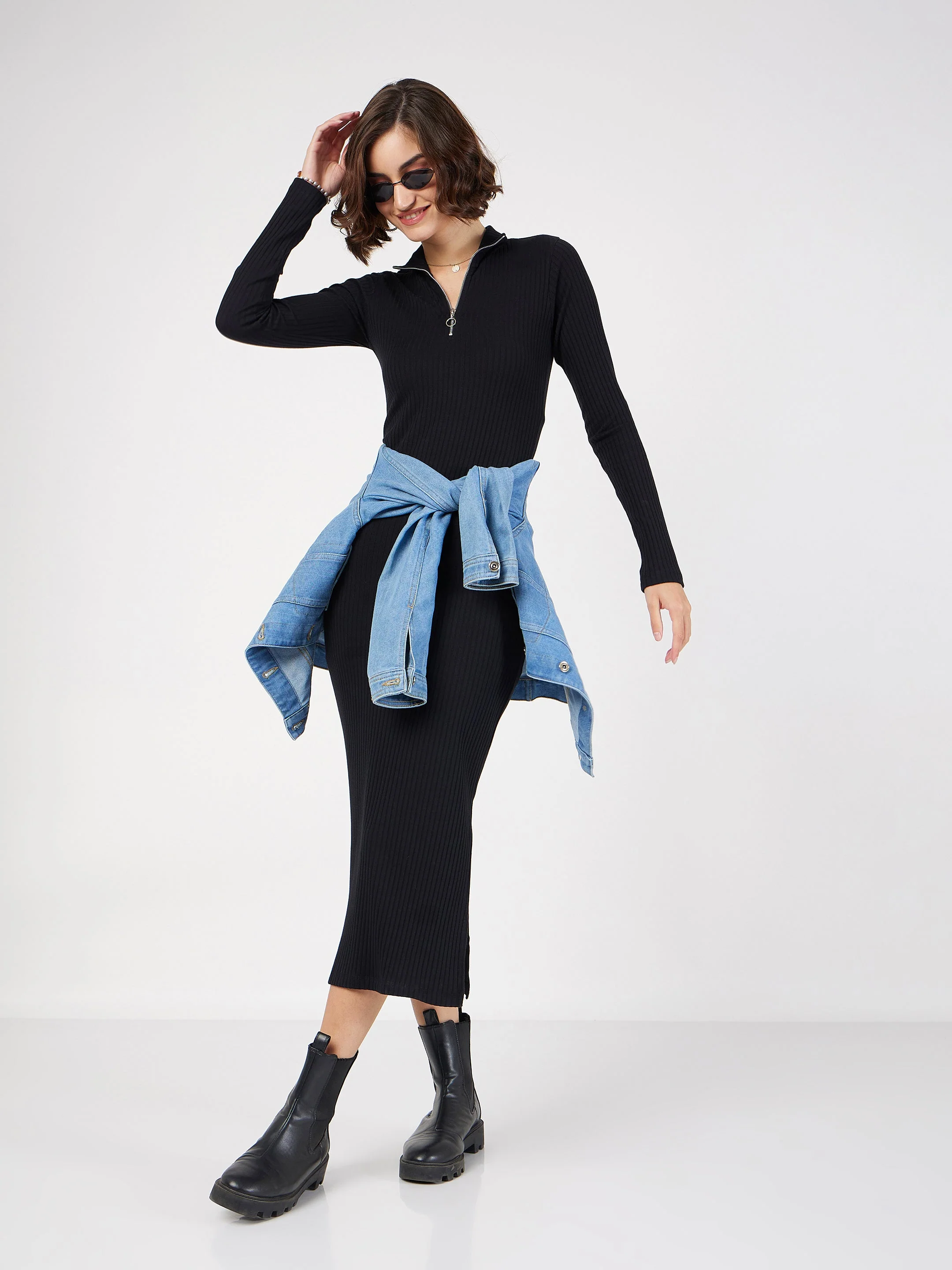 Women Black Rib High Neck Front Zipper Dress - Image 2