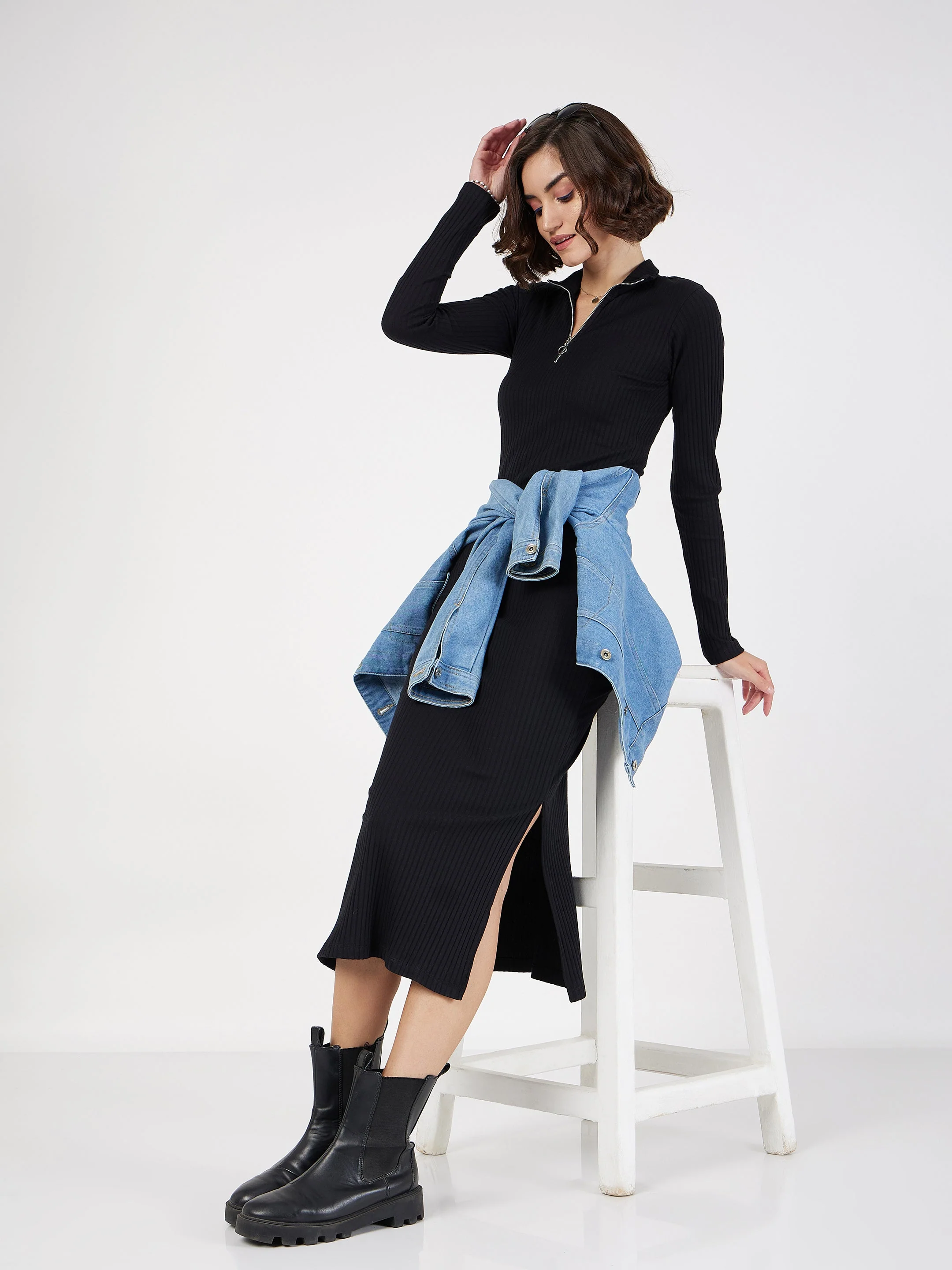 Women Black Rib High Neck Front Zipper Dress - Image 3