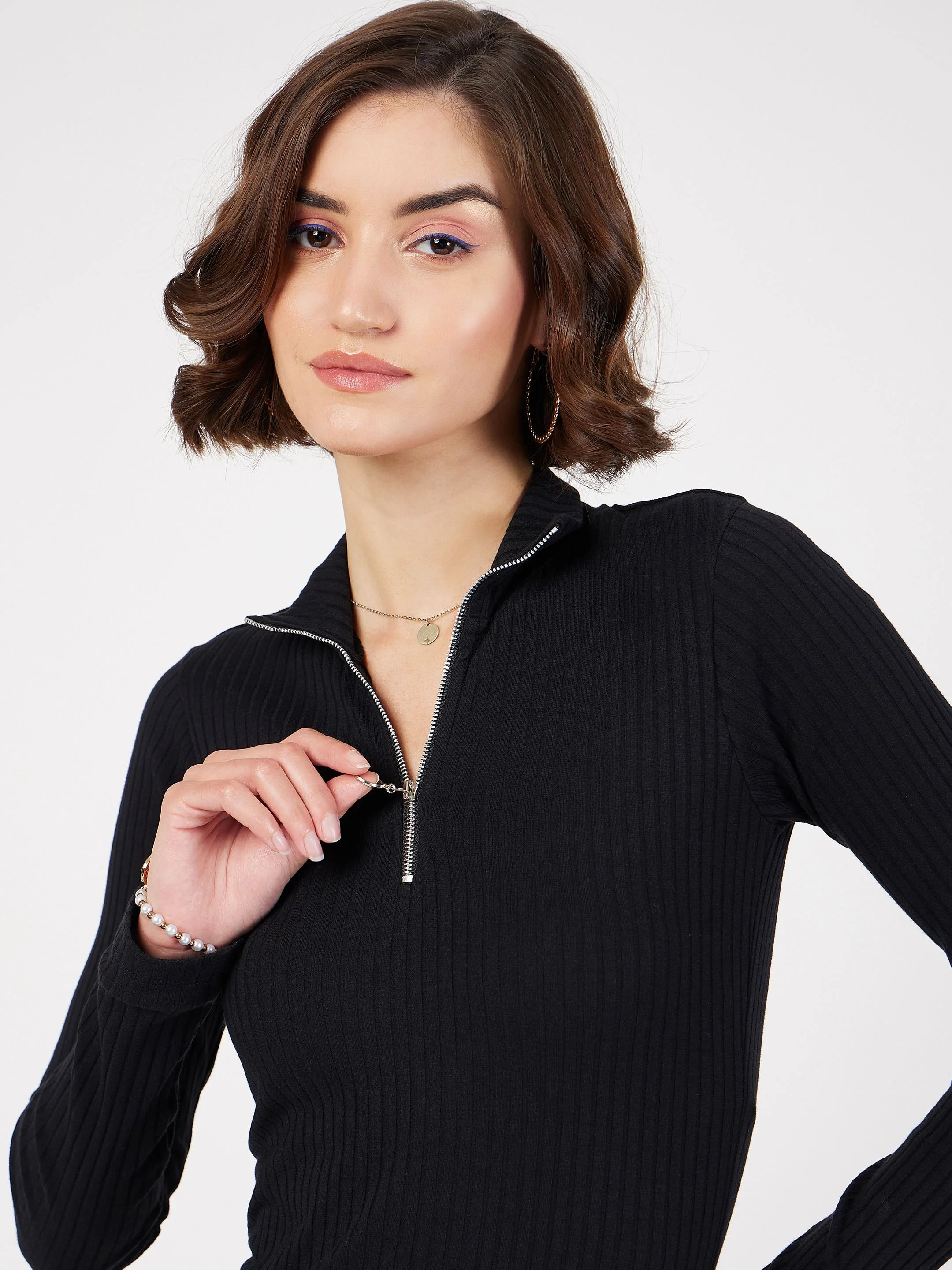 Women Black Rib High Neck Front Zipper Dress - Image 4
