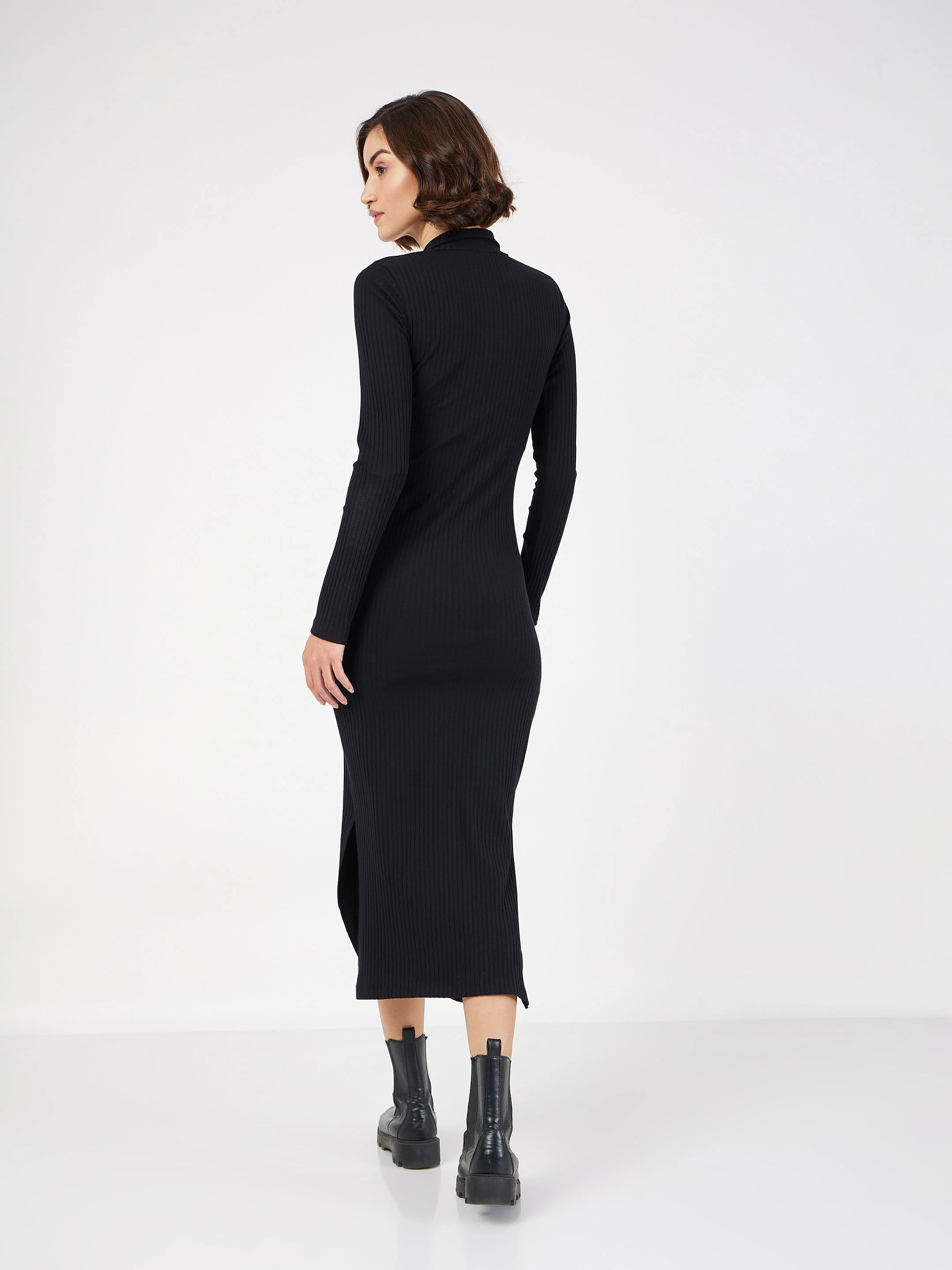 Women Black Rib High Neck Front Zipper Dress - Image 5