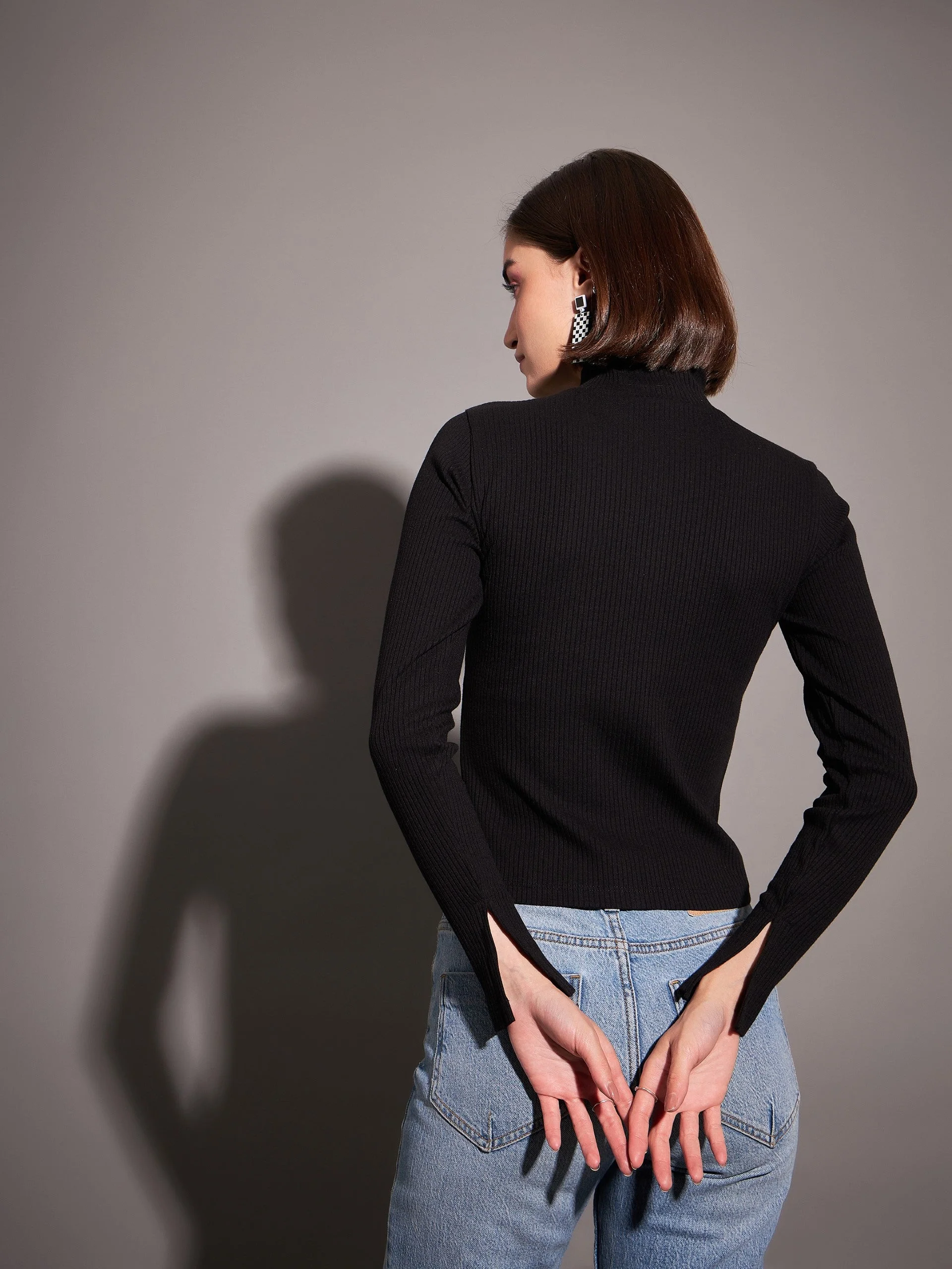 Women Black Rib High Neck Front Zipper Top - Image 2
