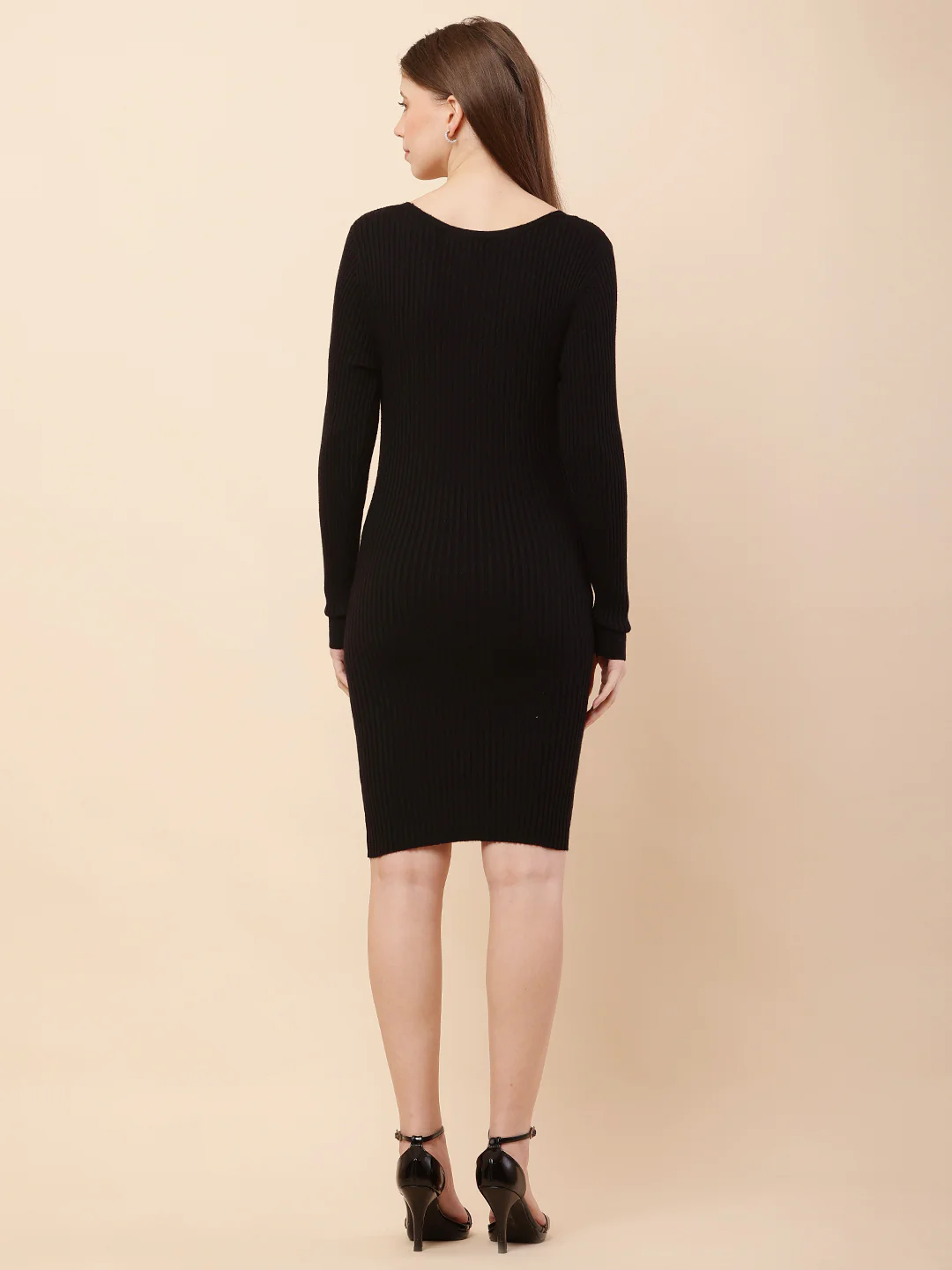 Women Black Rib-Knit Bodycon Dress - Image 4