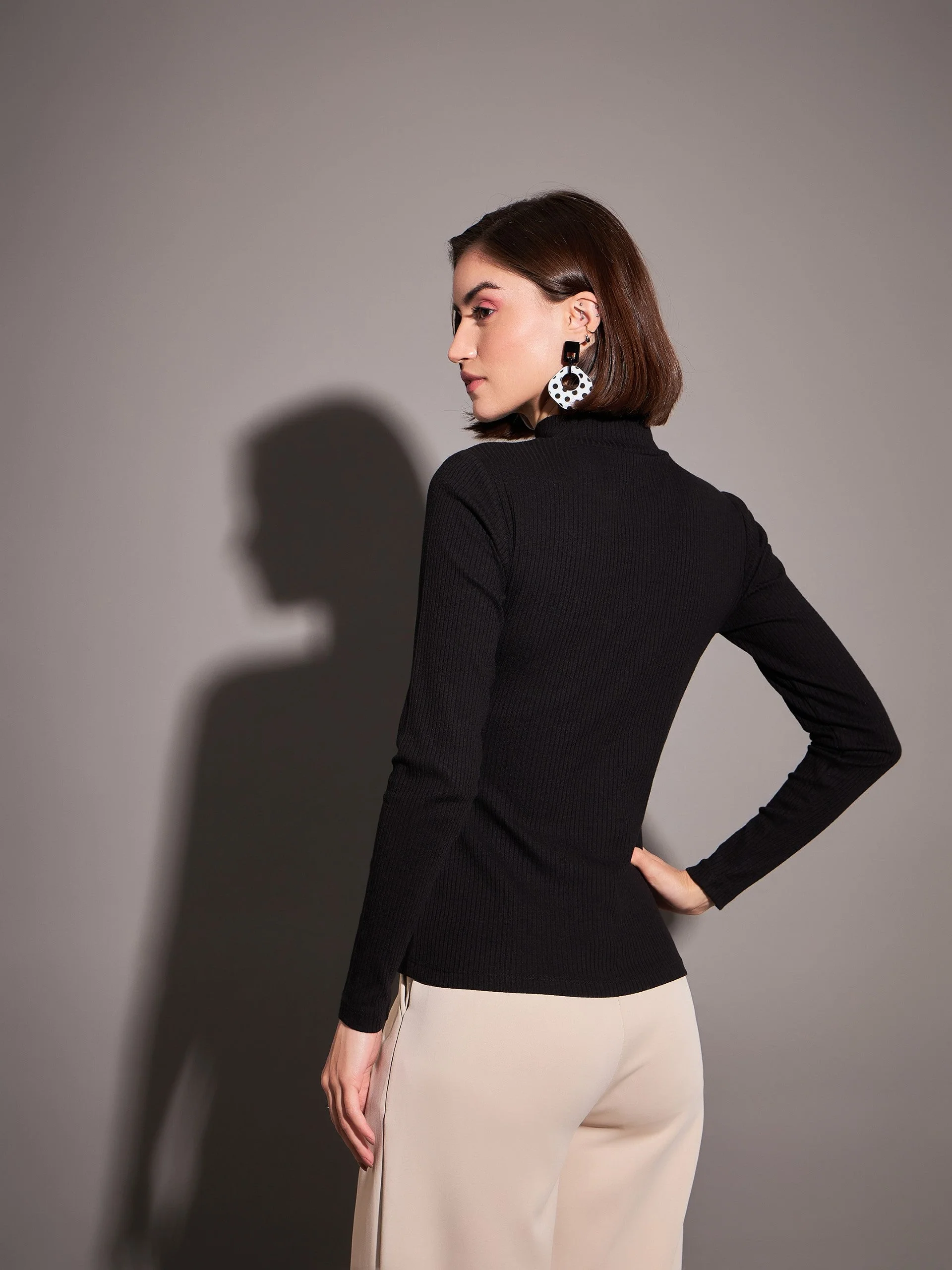 Women Black Rib Moon Cut Top - Image 3