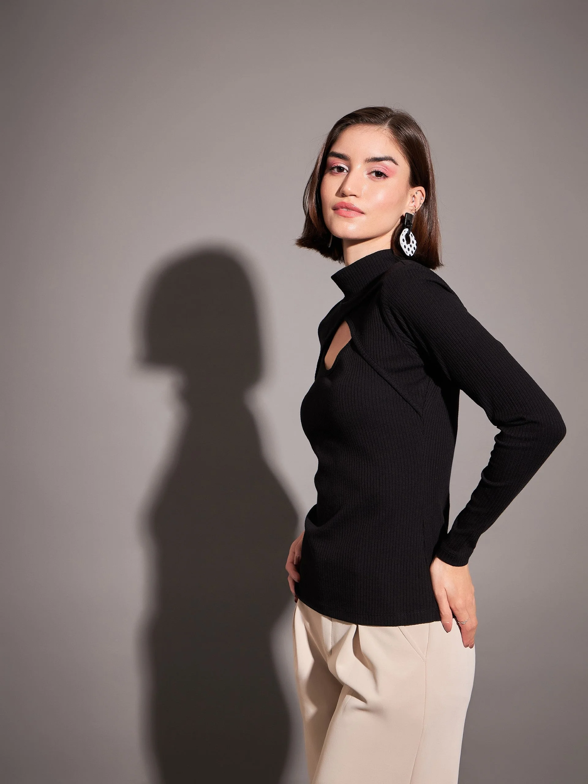 Women Black Rib Moon Cut Top - Image 5