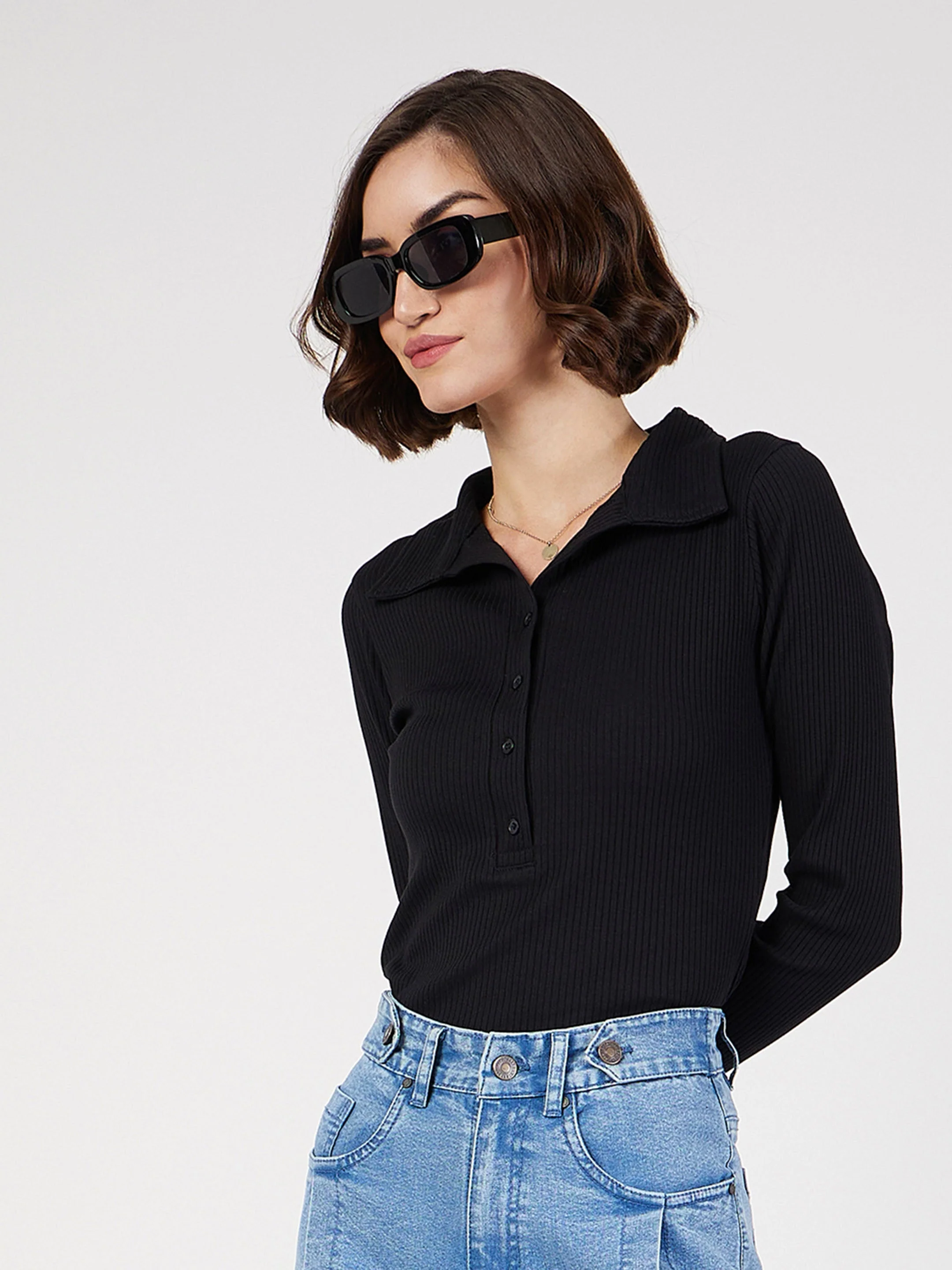 Women Black Rib Polo Neck Full Sleeves Top - Image 2