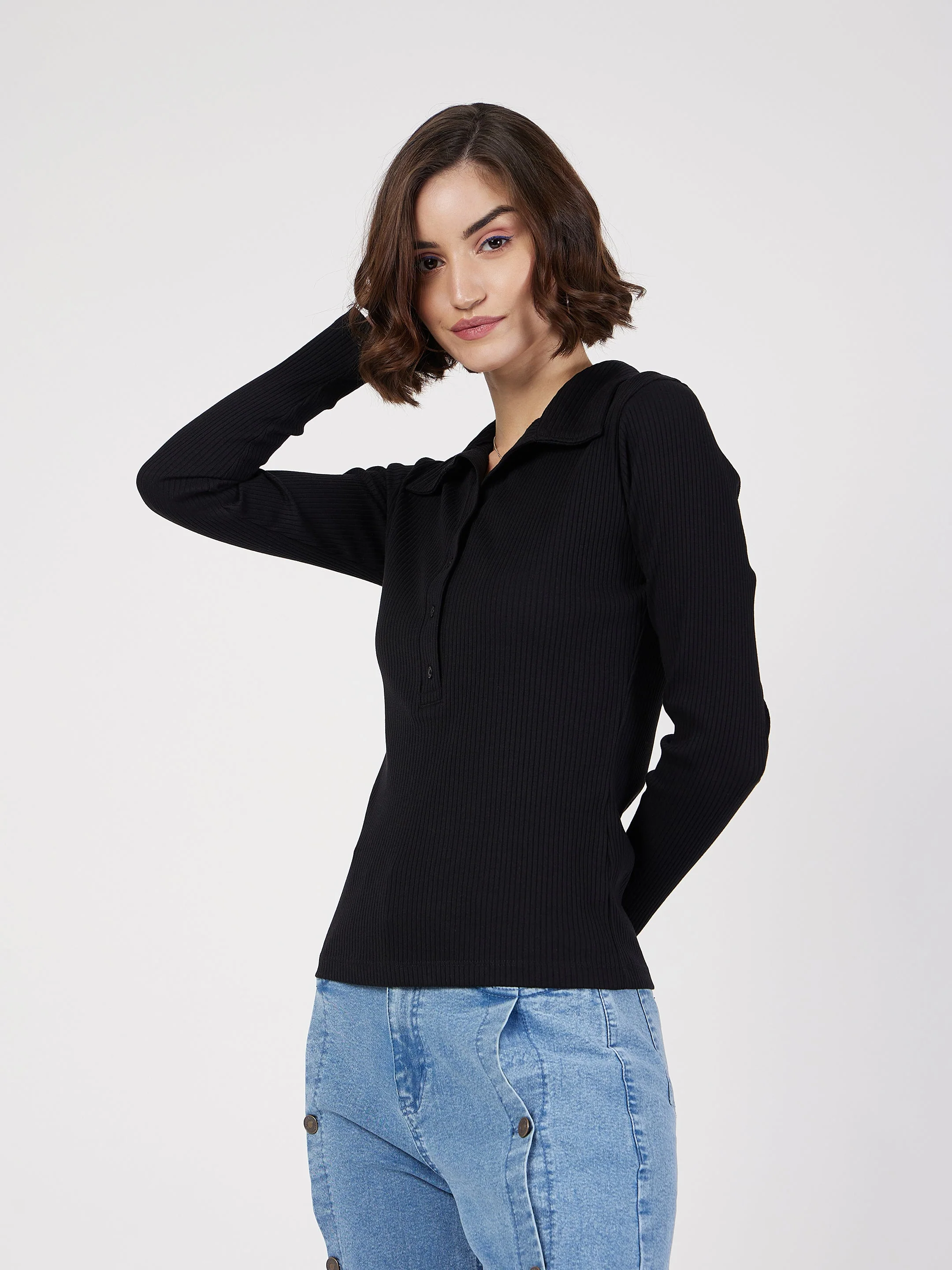 Women Black Rib Polo Neck Full Sleeves Top - Image 3