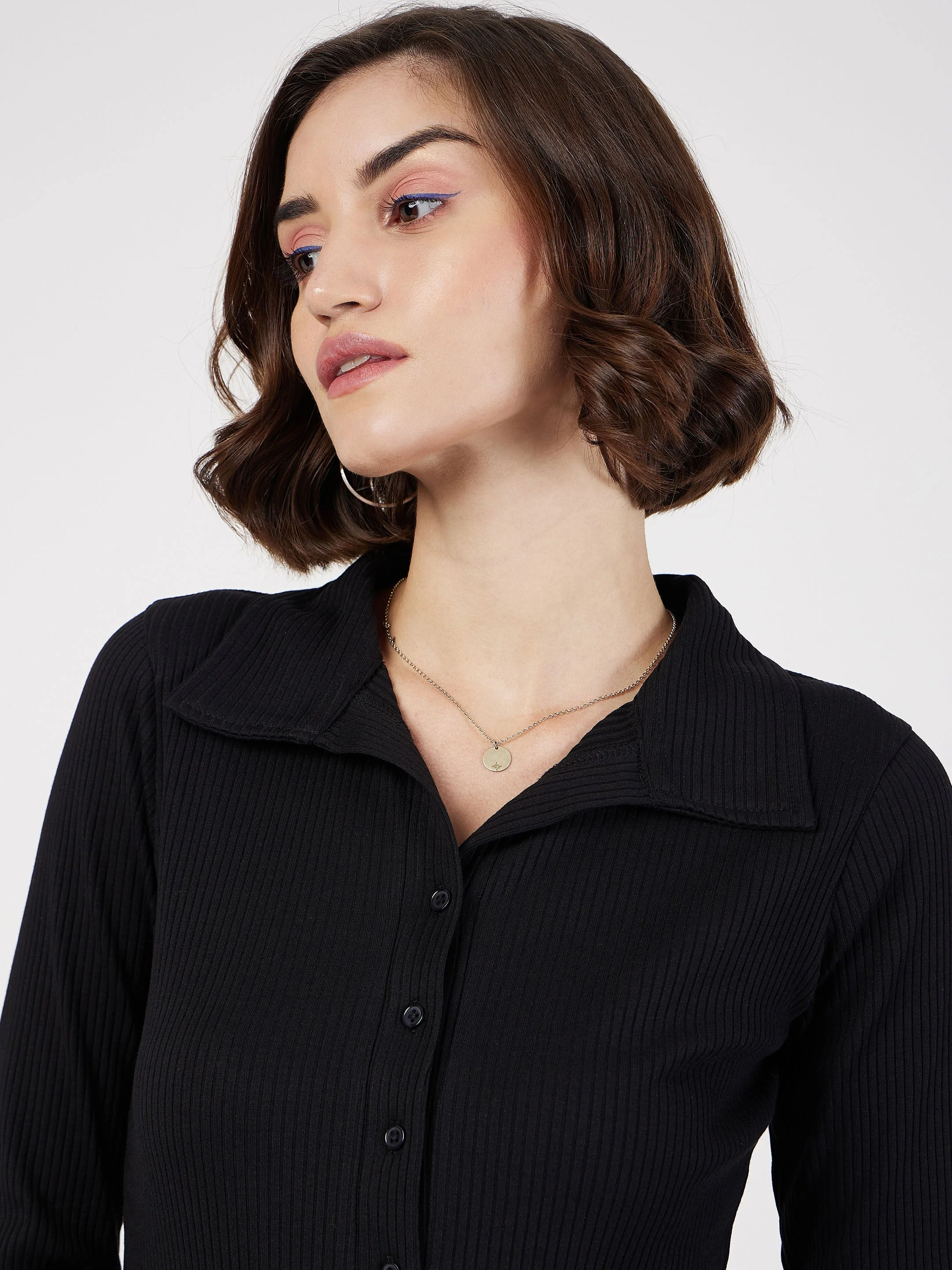 Women Black Rib Polo Neck Full Sleeves Top - Image 4