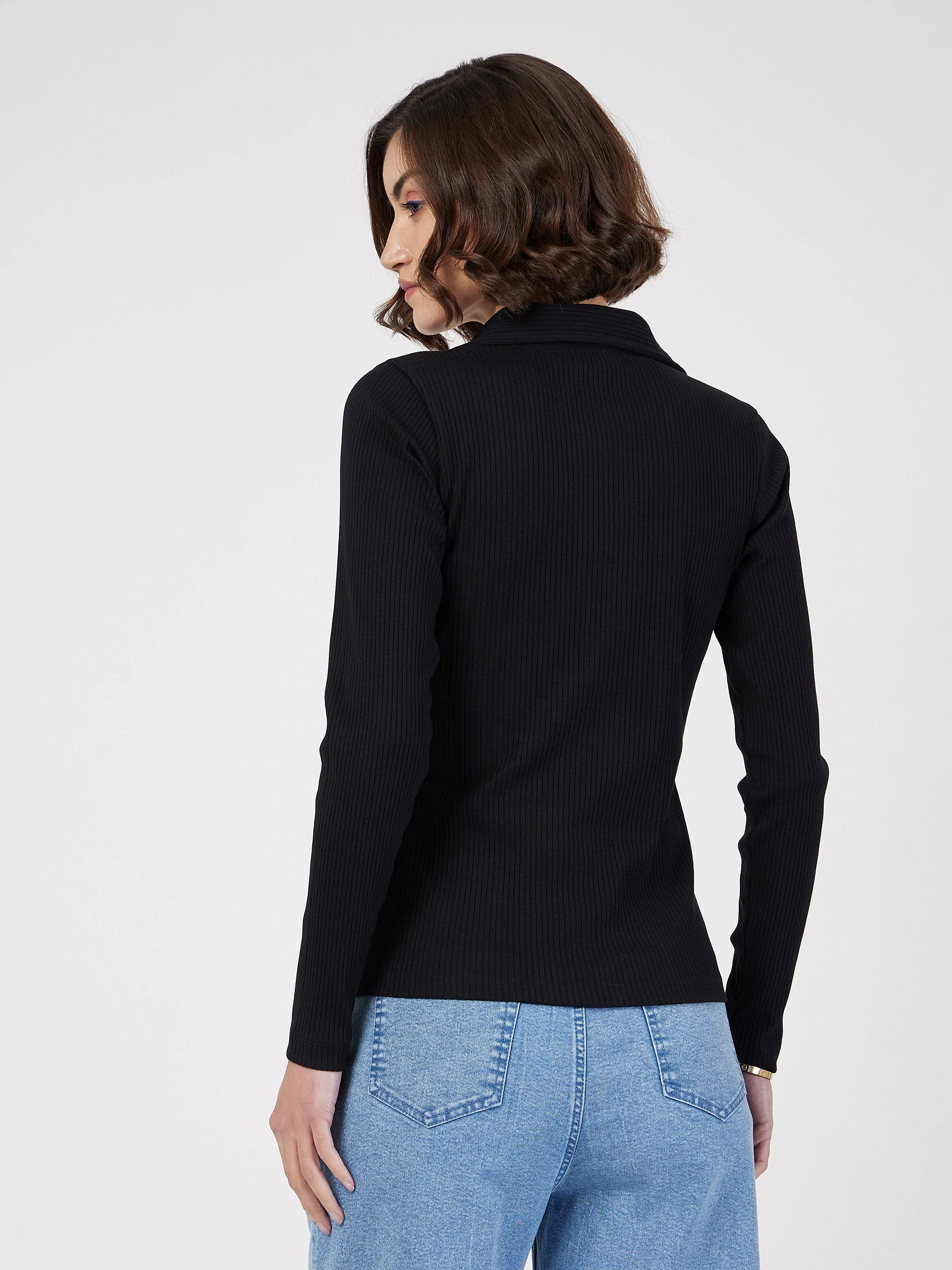 Women Black Rib Polo Neck Full Sleeves Top - Image 5