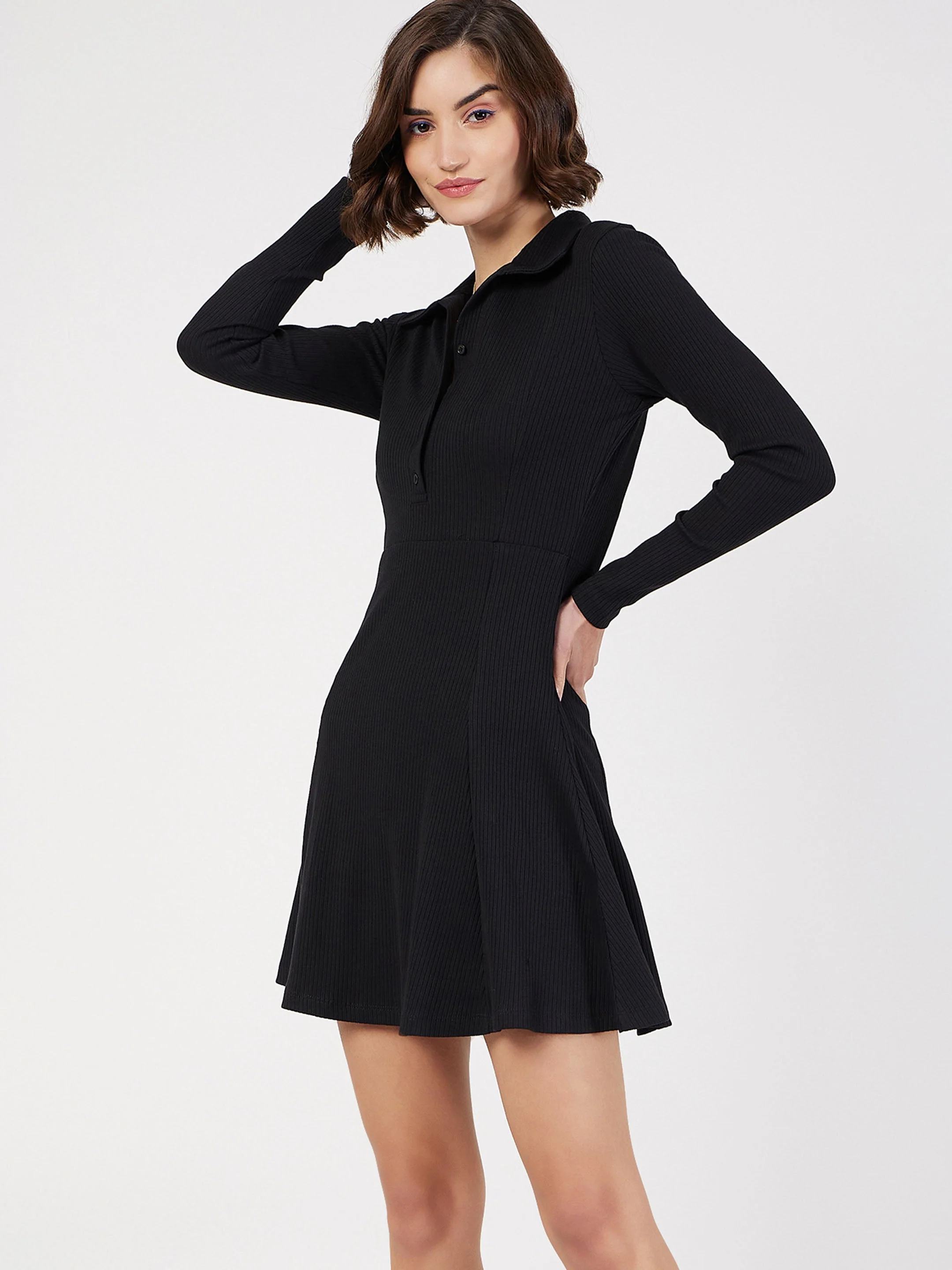 Women Black Rib Polo Neck Skater Dress - Image 3