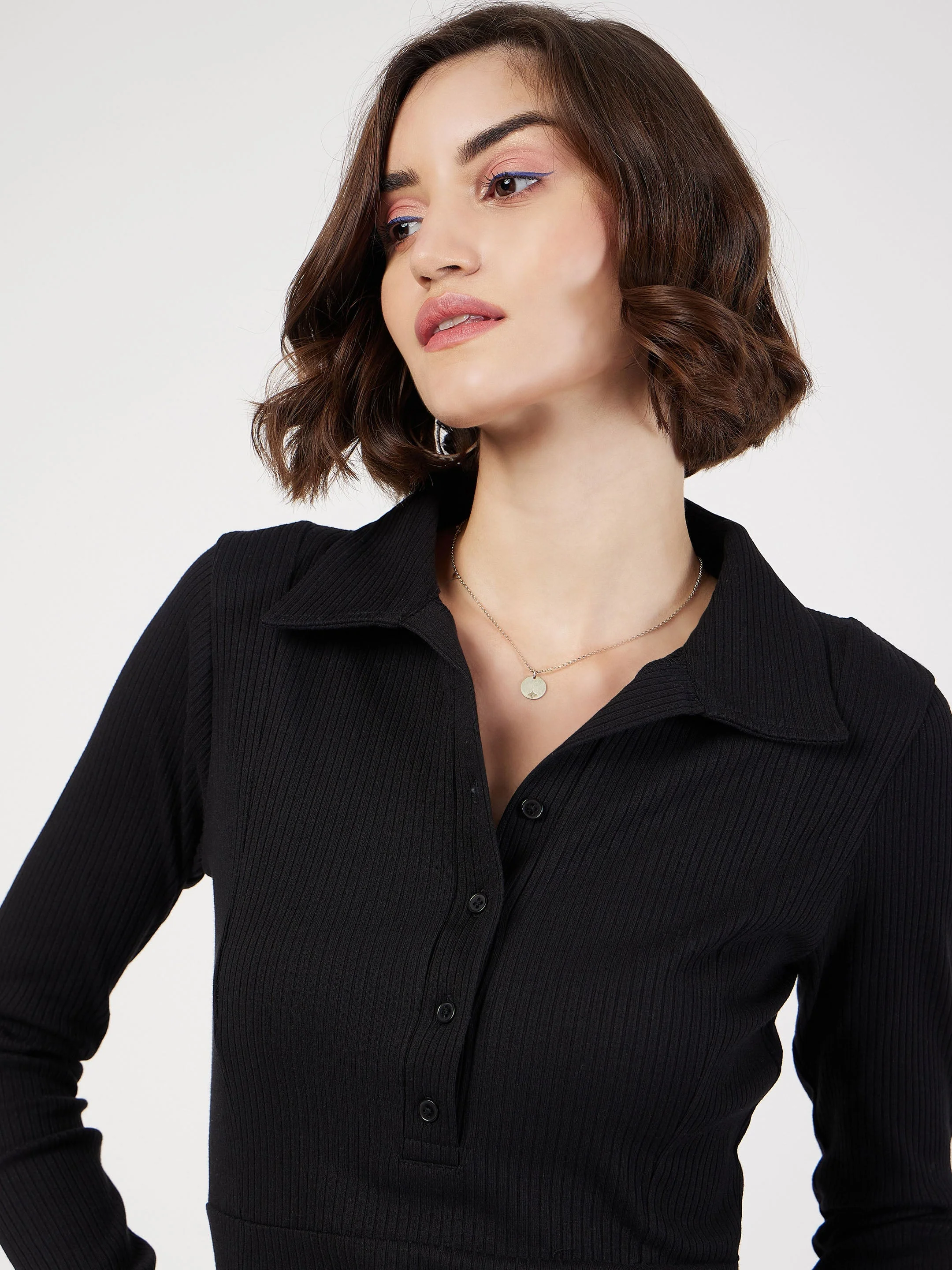 Women Black Rib Polo Neck Skater Dress - Image 4