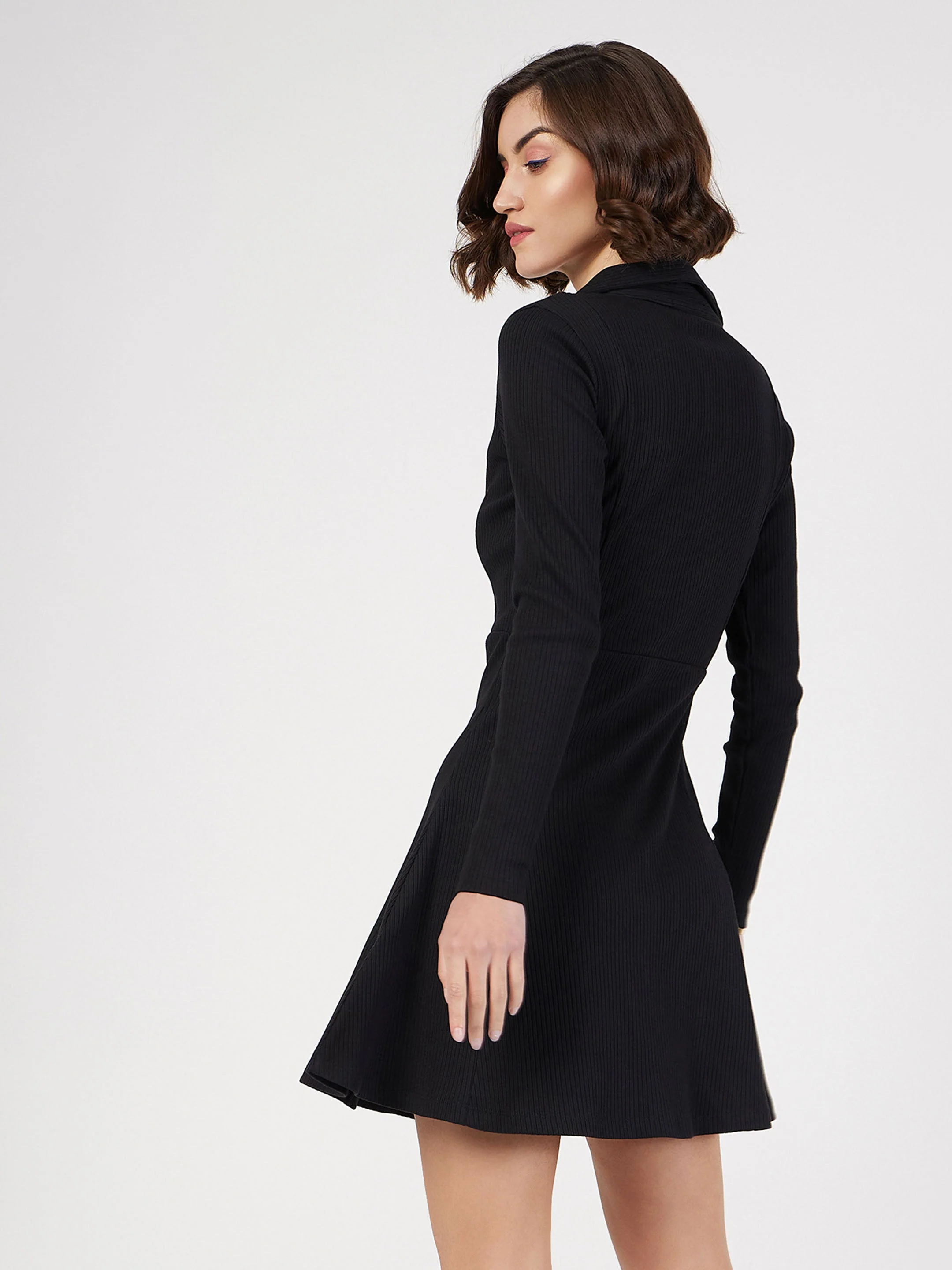 Women Black Rib Polo Neck Skater Dress - Image 5