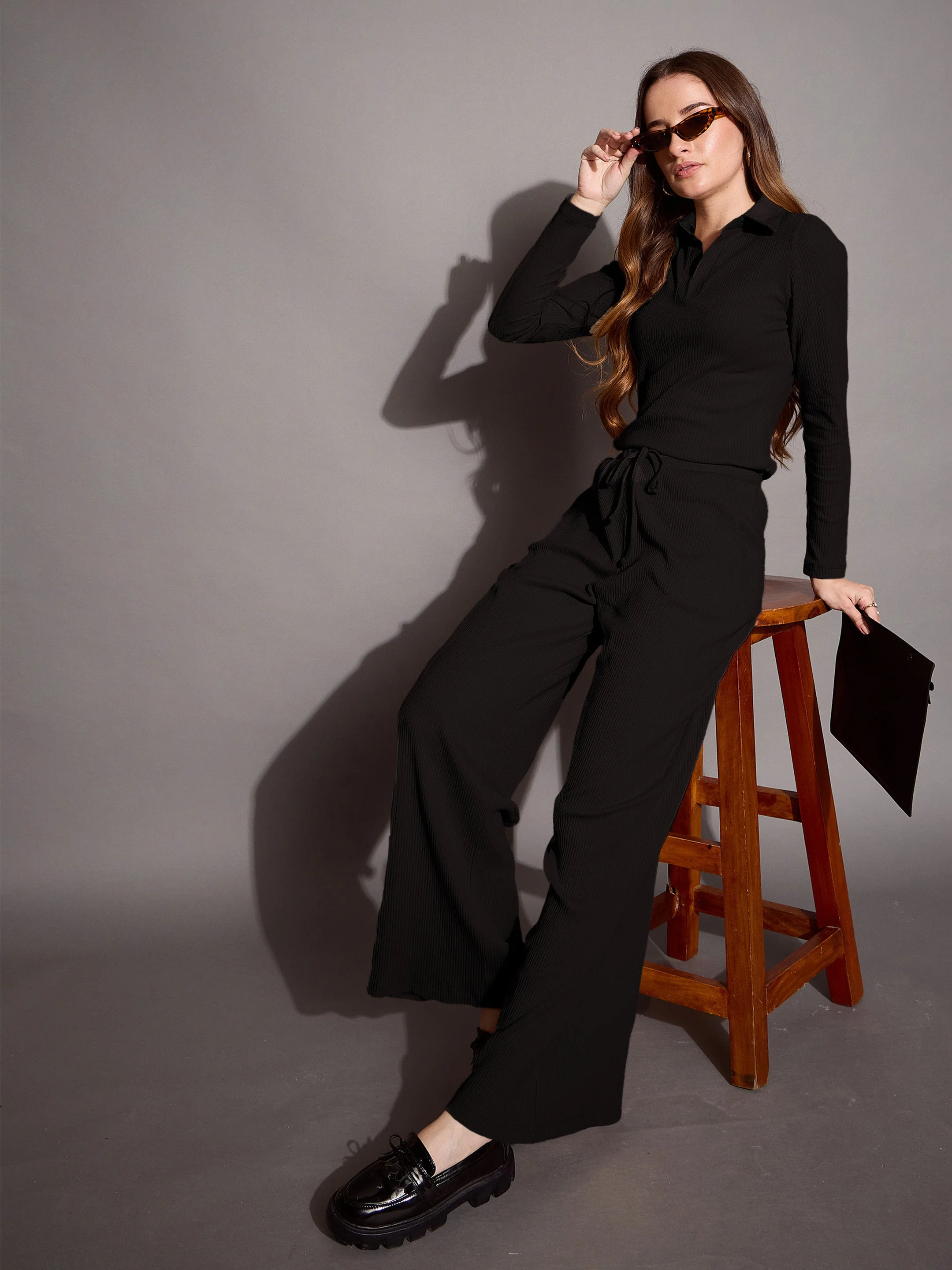 Women Black Rib Polo Neck Top - Image 2