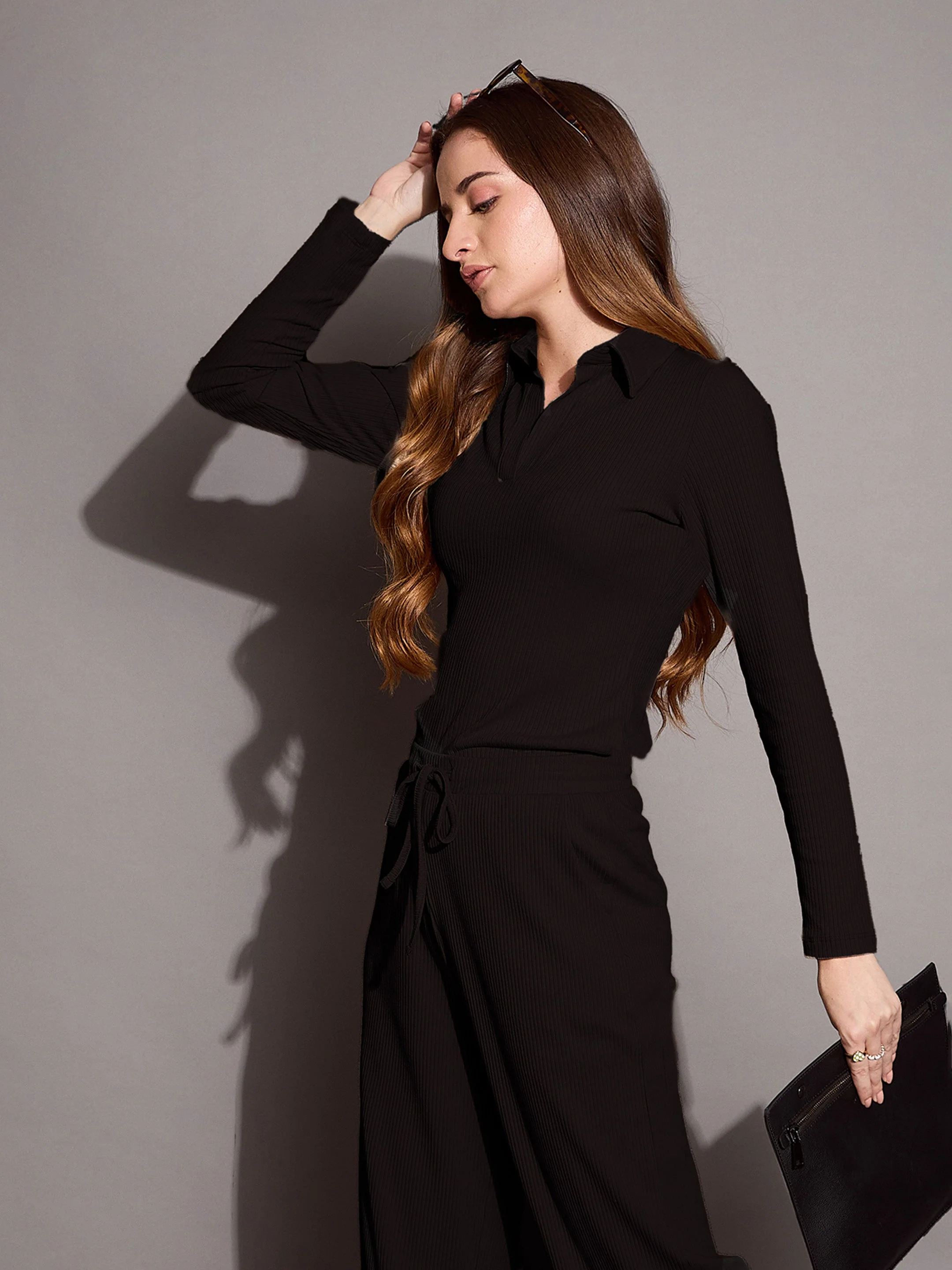 Women Black Rib Polo Neck Top - Image 3