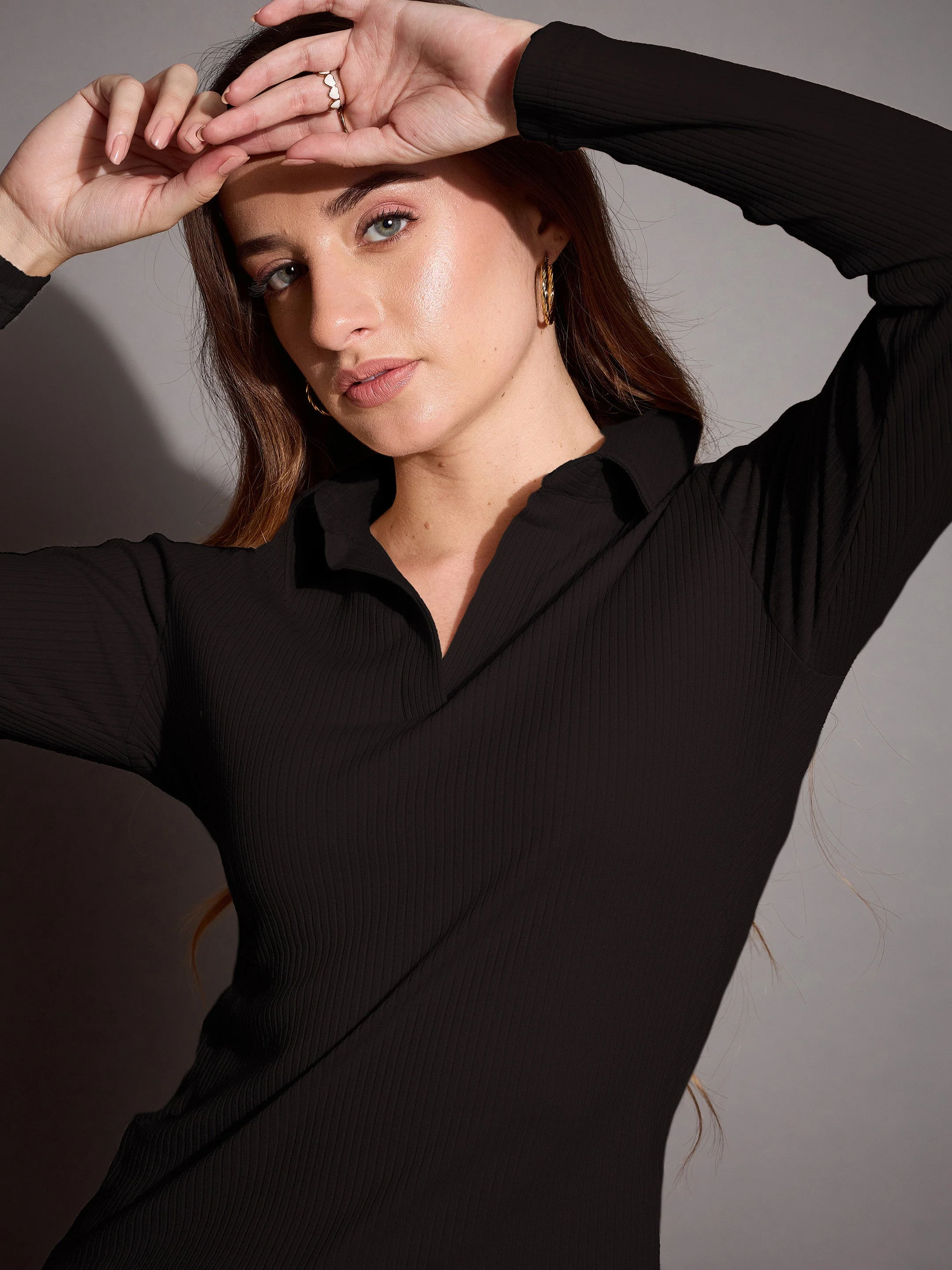 Women Black Rib Polo Neck Top - Image 4