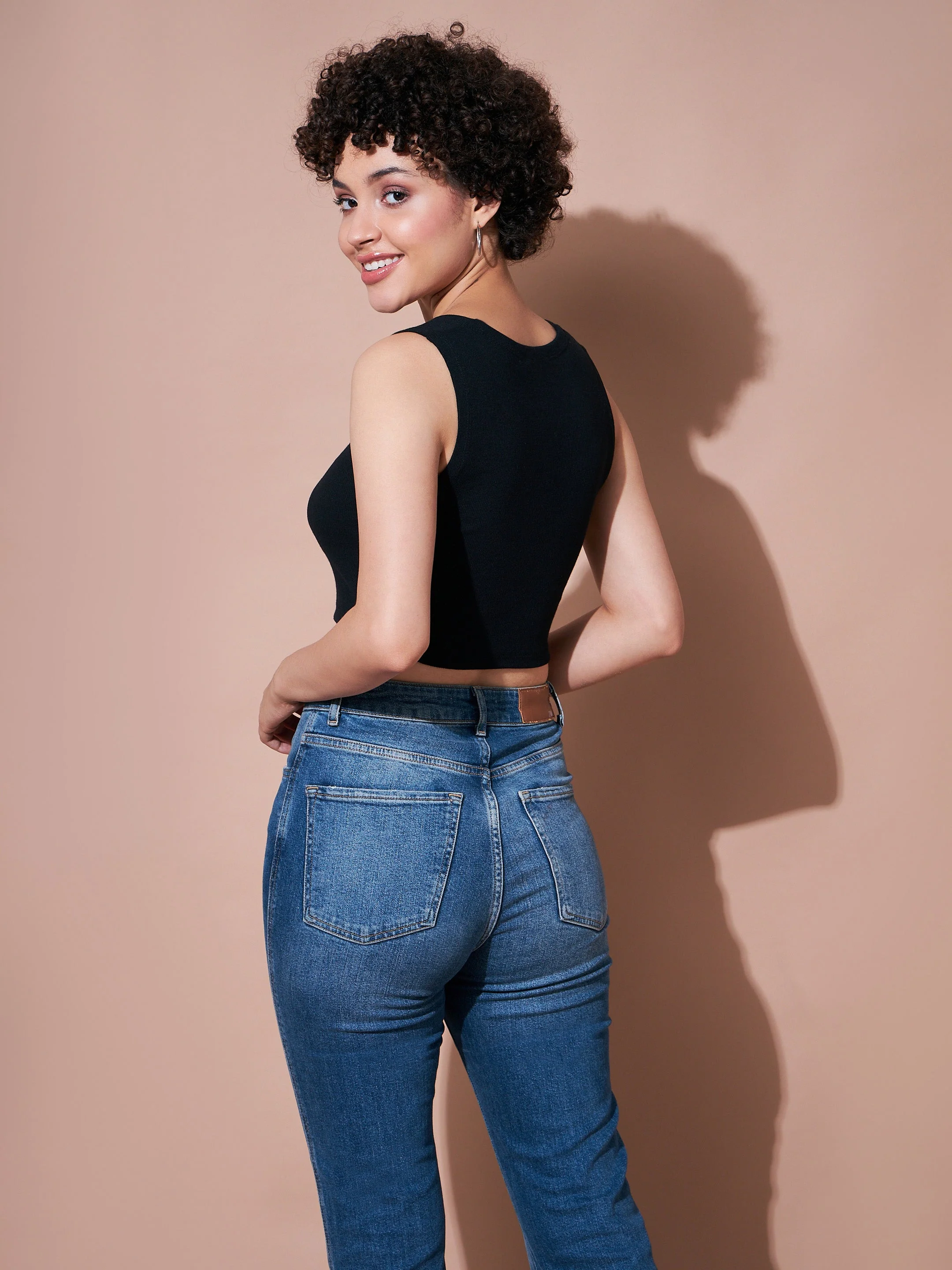 Women Black Rib Ribbed Crop Top - Image 2