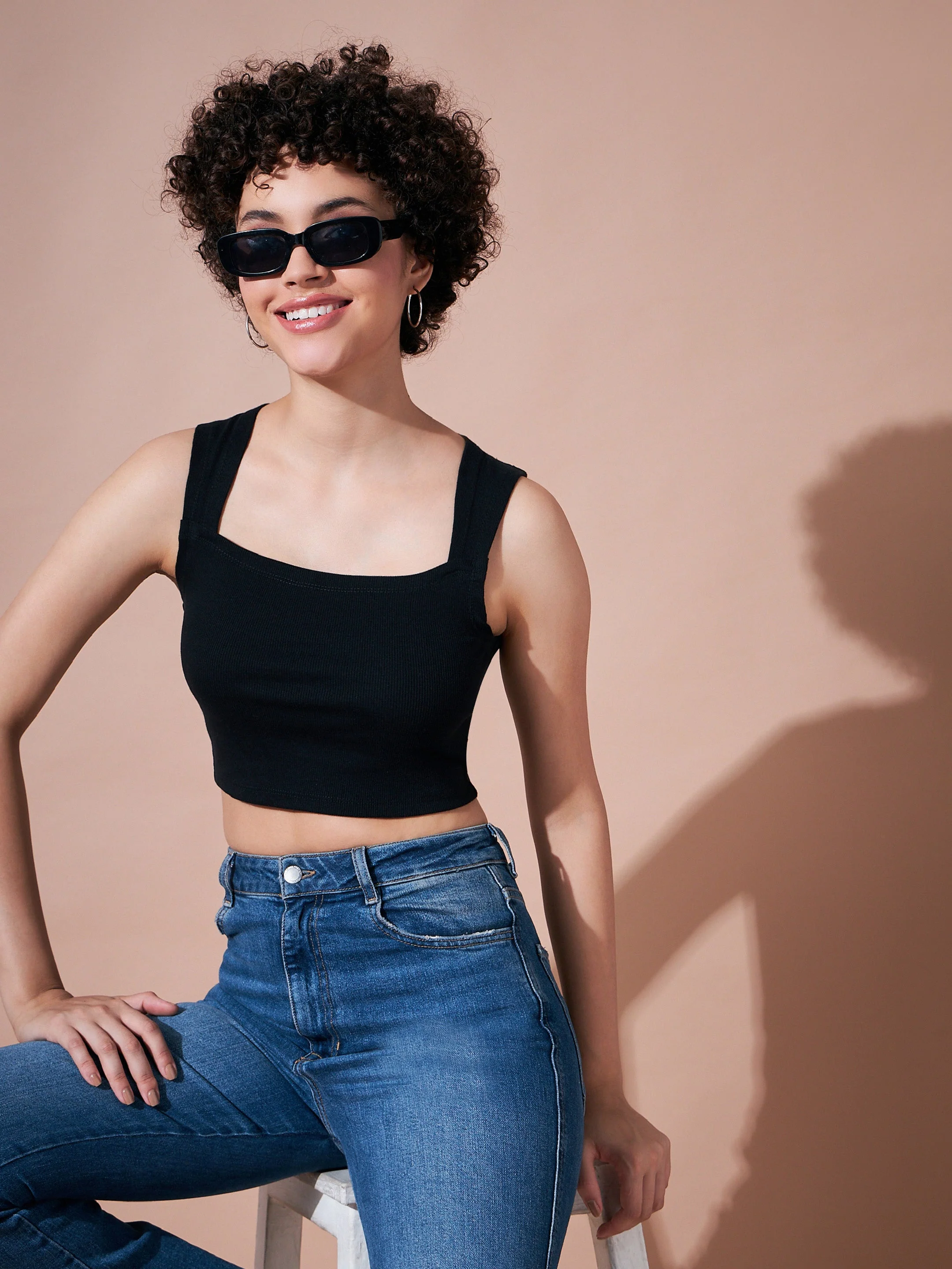 Women Black Rib Ribbed Crop Top - Image 3