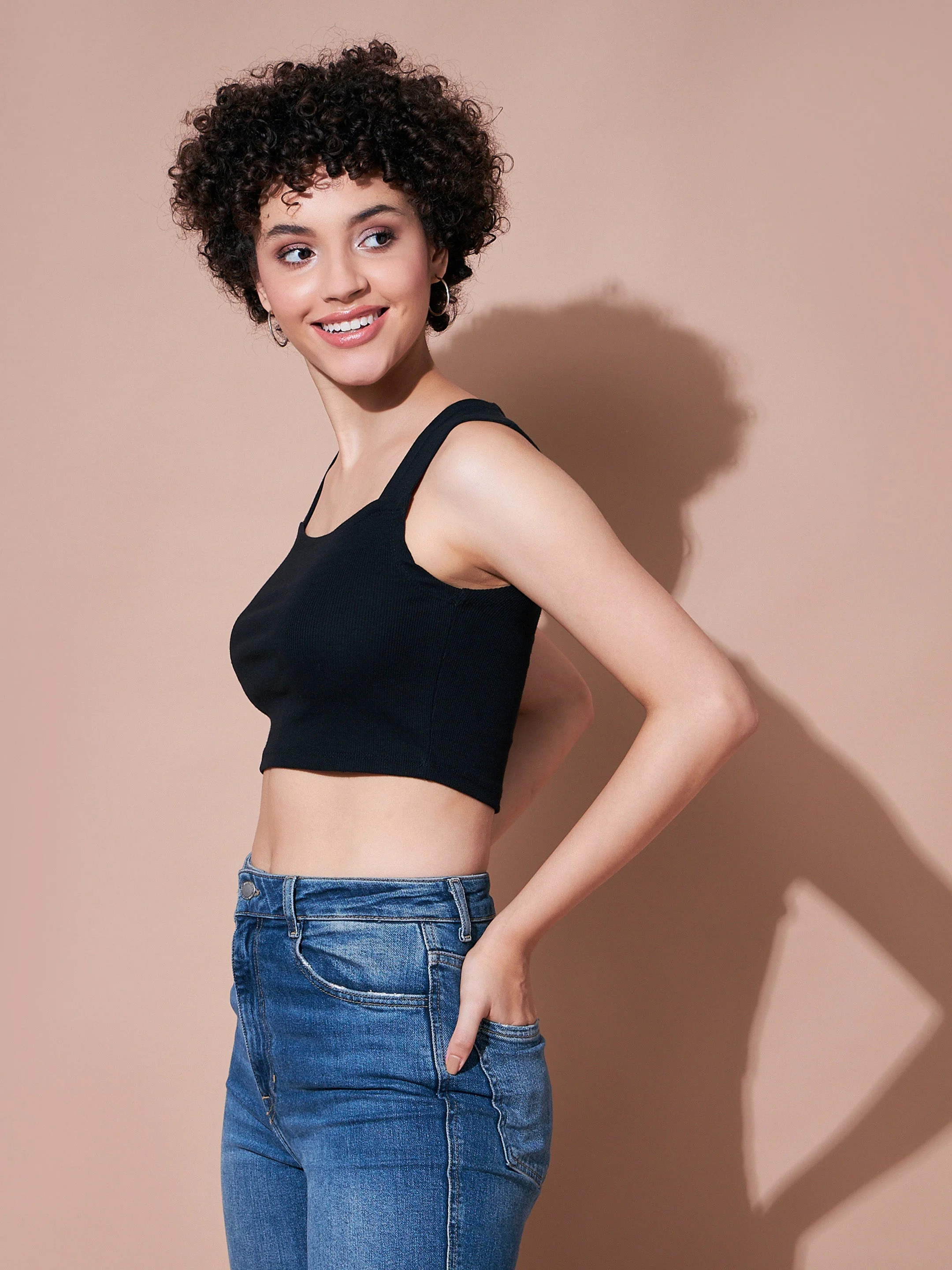Women Black Rib Ribbed Crop Top - Image 4