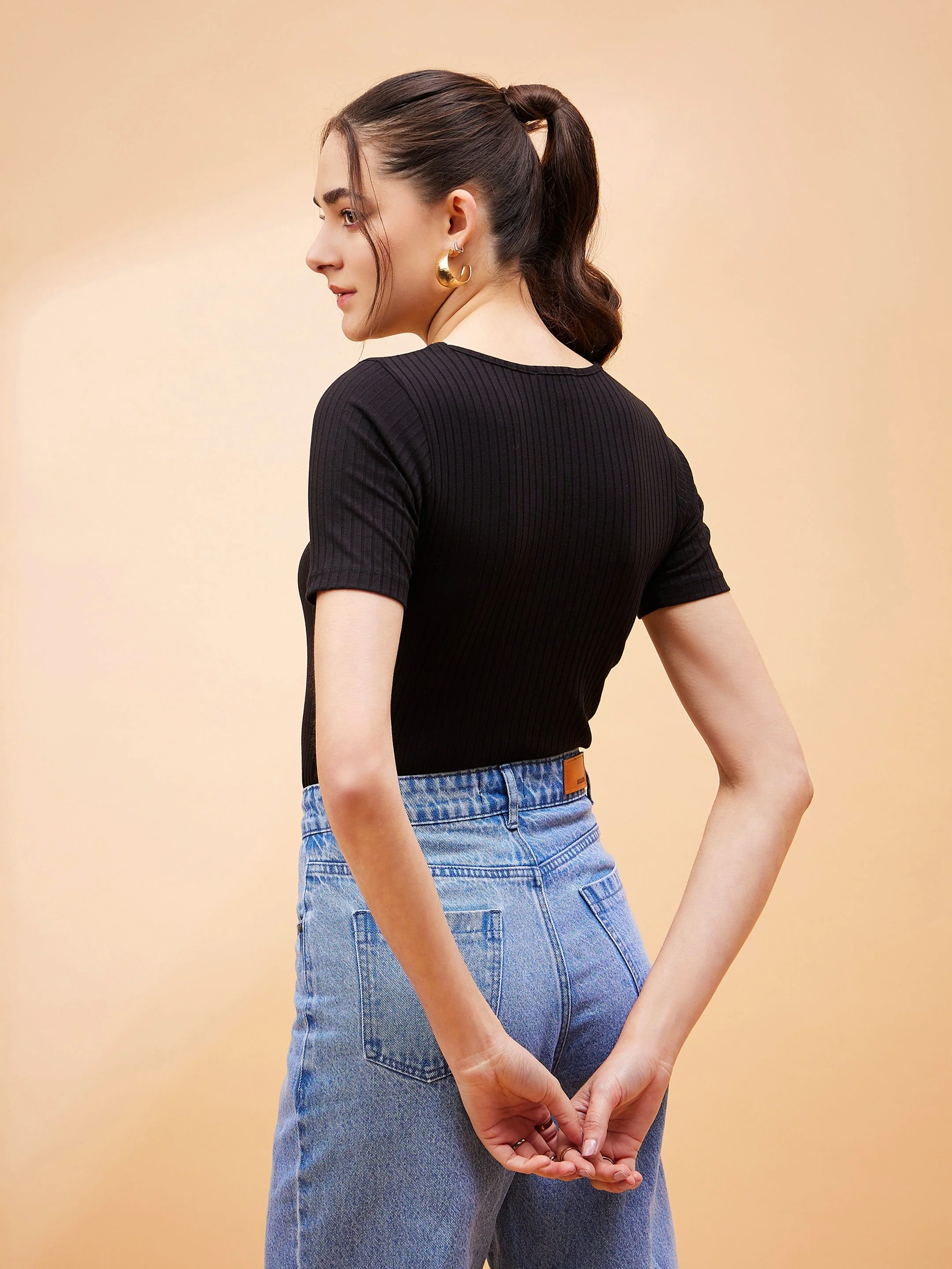 Women Black Rib Round Neck Bodysuit - Image 2