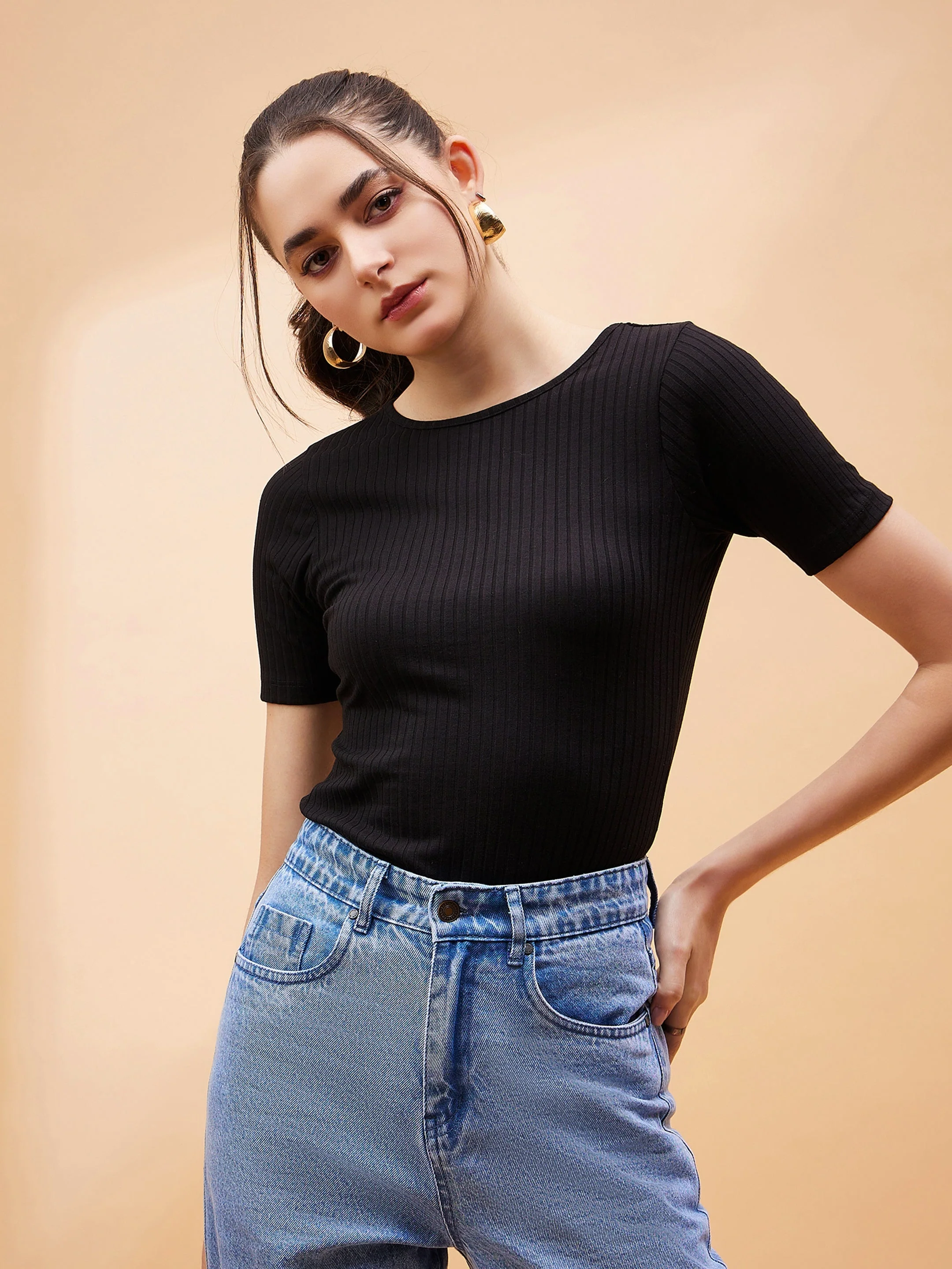 Women Black Rib Round Neck Bodysuit - Image 4