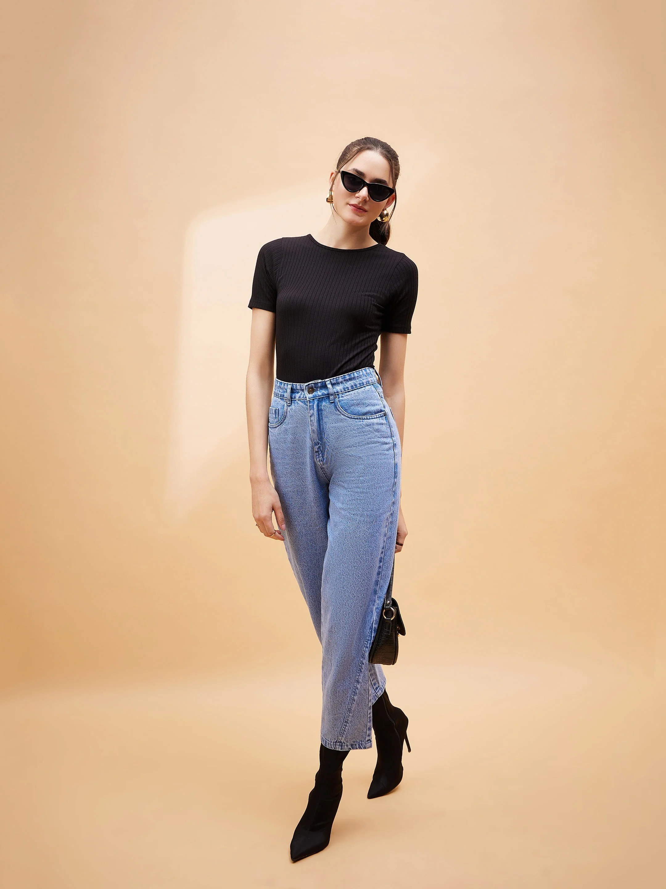 Women Black Rib Round Neck Bodysuit - Image 5