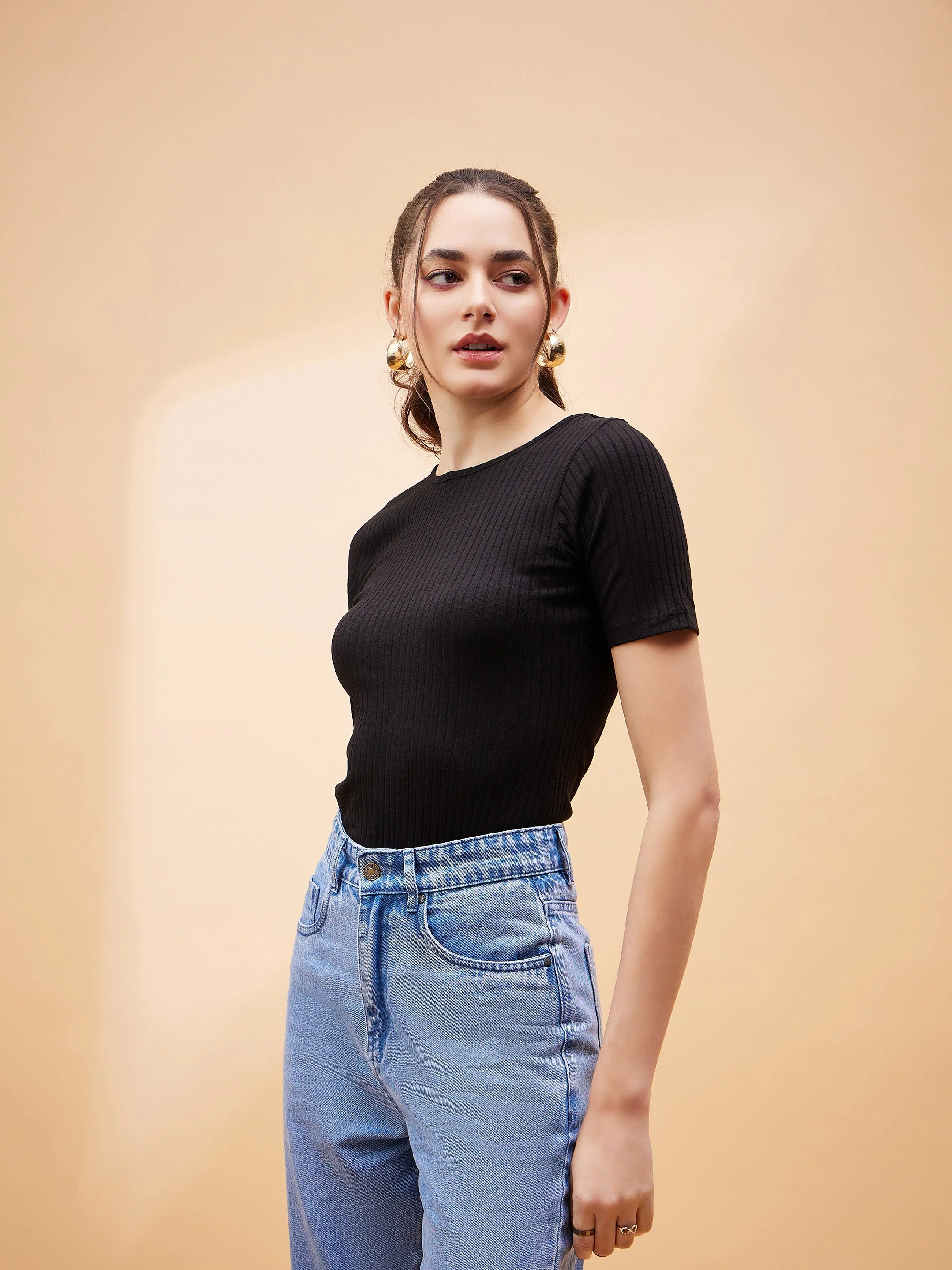 Women Black Rib Round Neck Bodysuit - Image 6