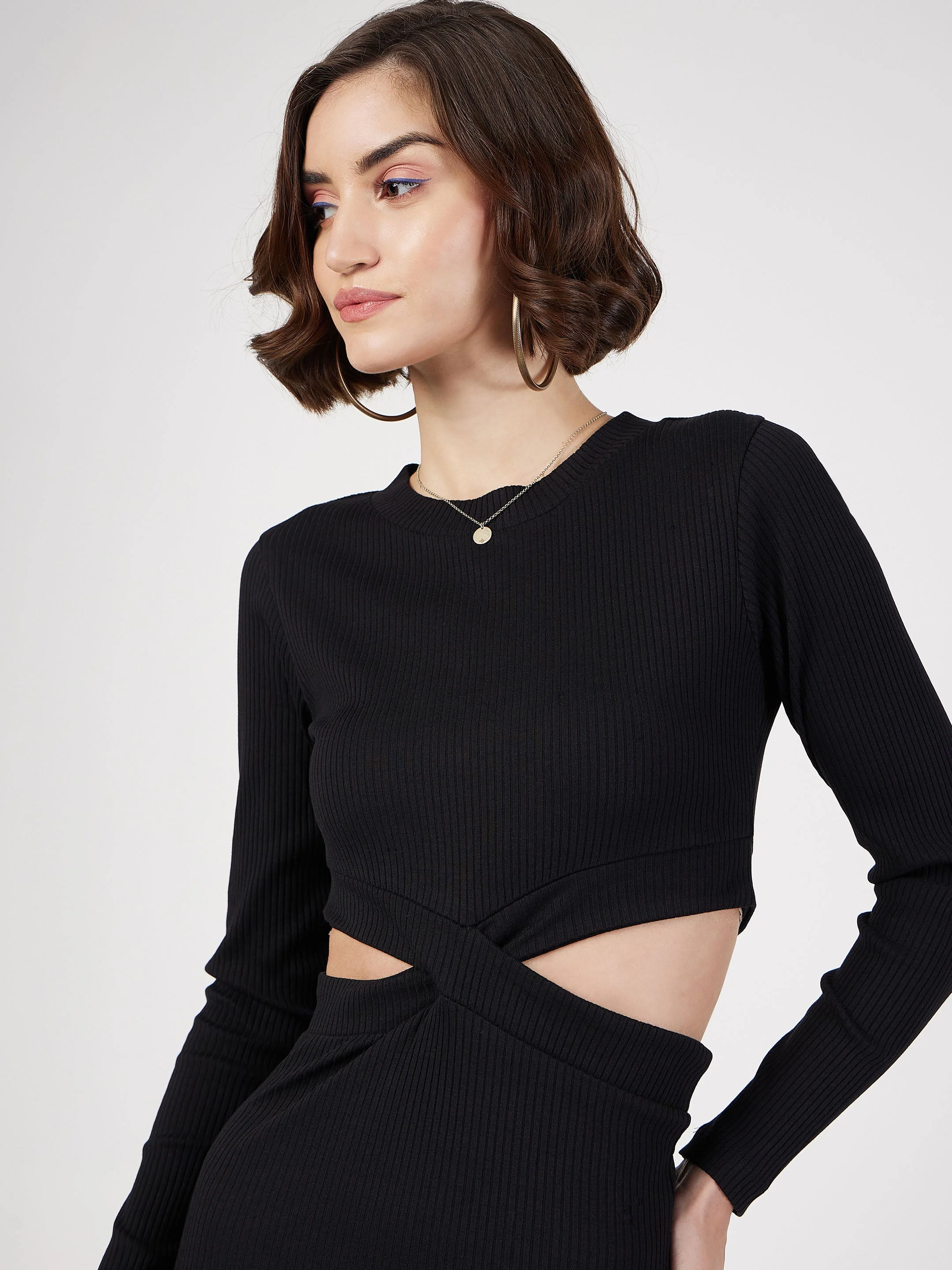 Women Black Rib Side Cut-Out Midi Dress - Image 4