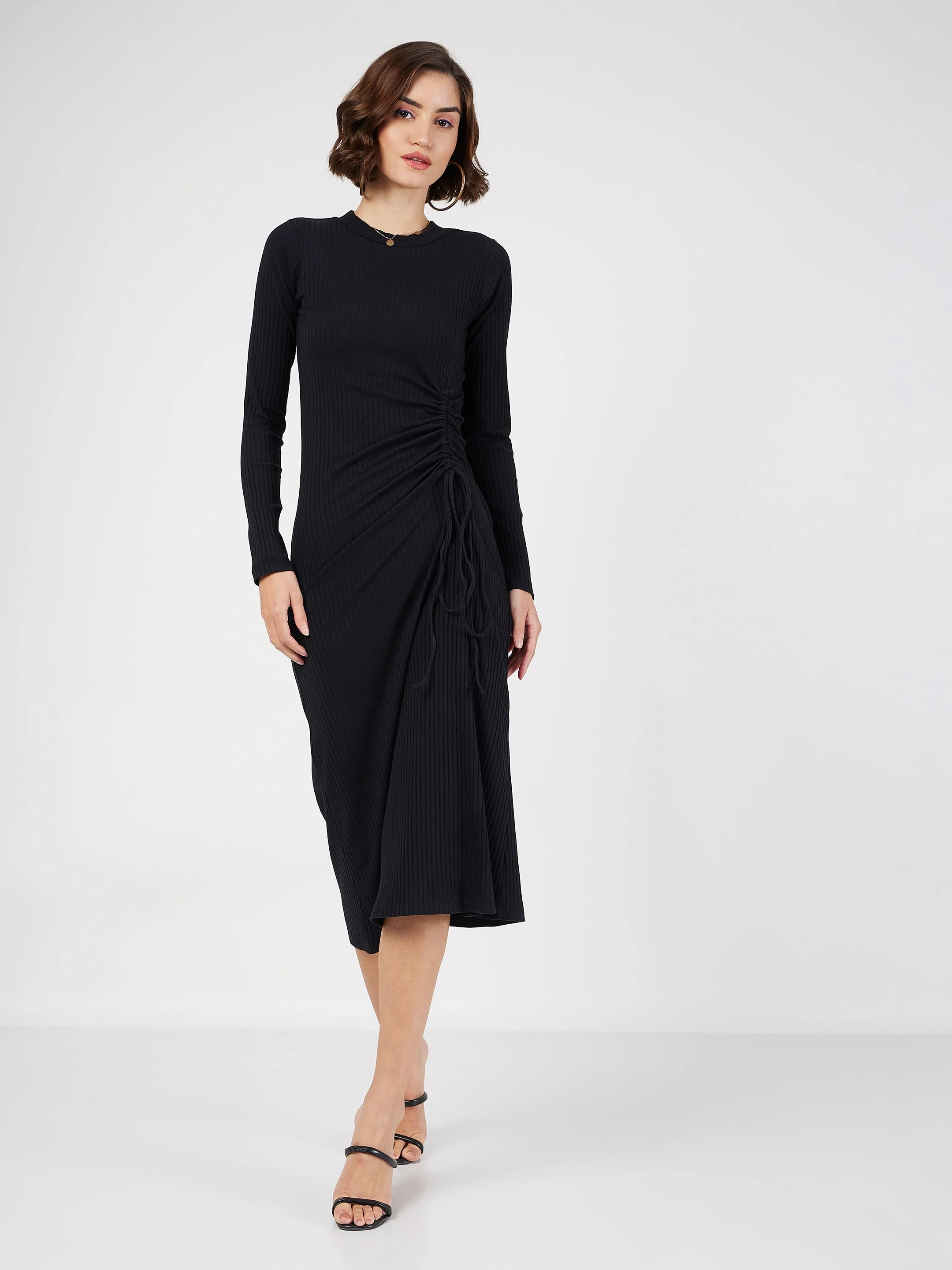 Women Black Rib Side Ruched Bodycon Midi Dress - Image 2