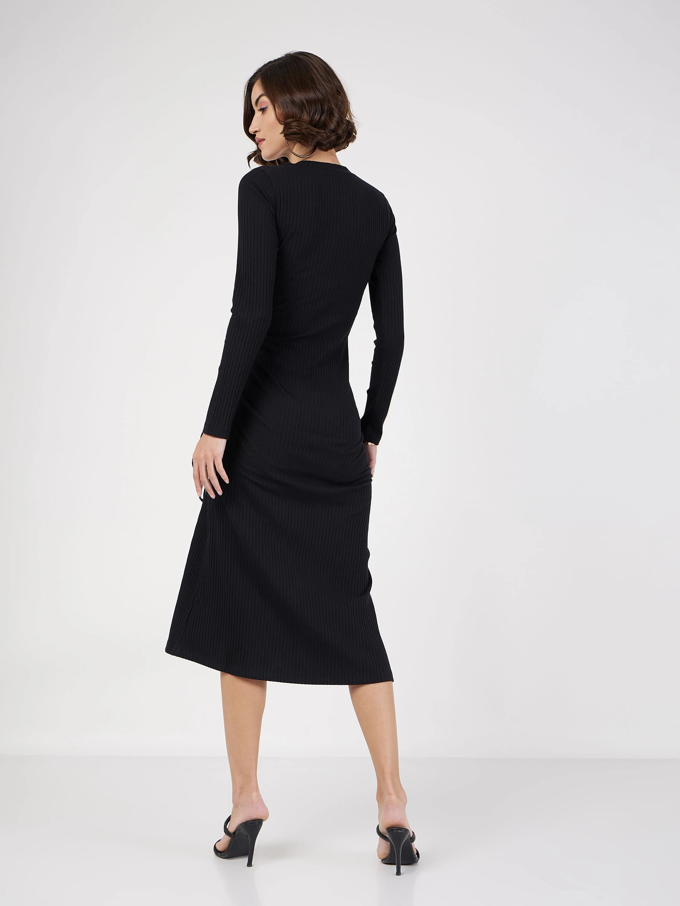 Women Black Rib Side Ruched Bodycon Midi Dress - Image 5