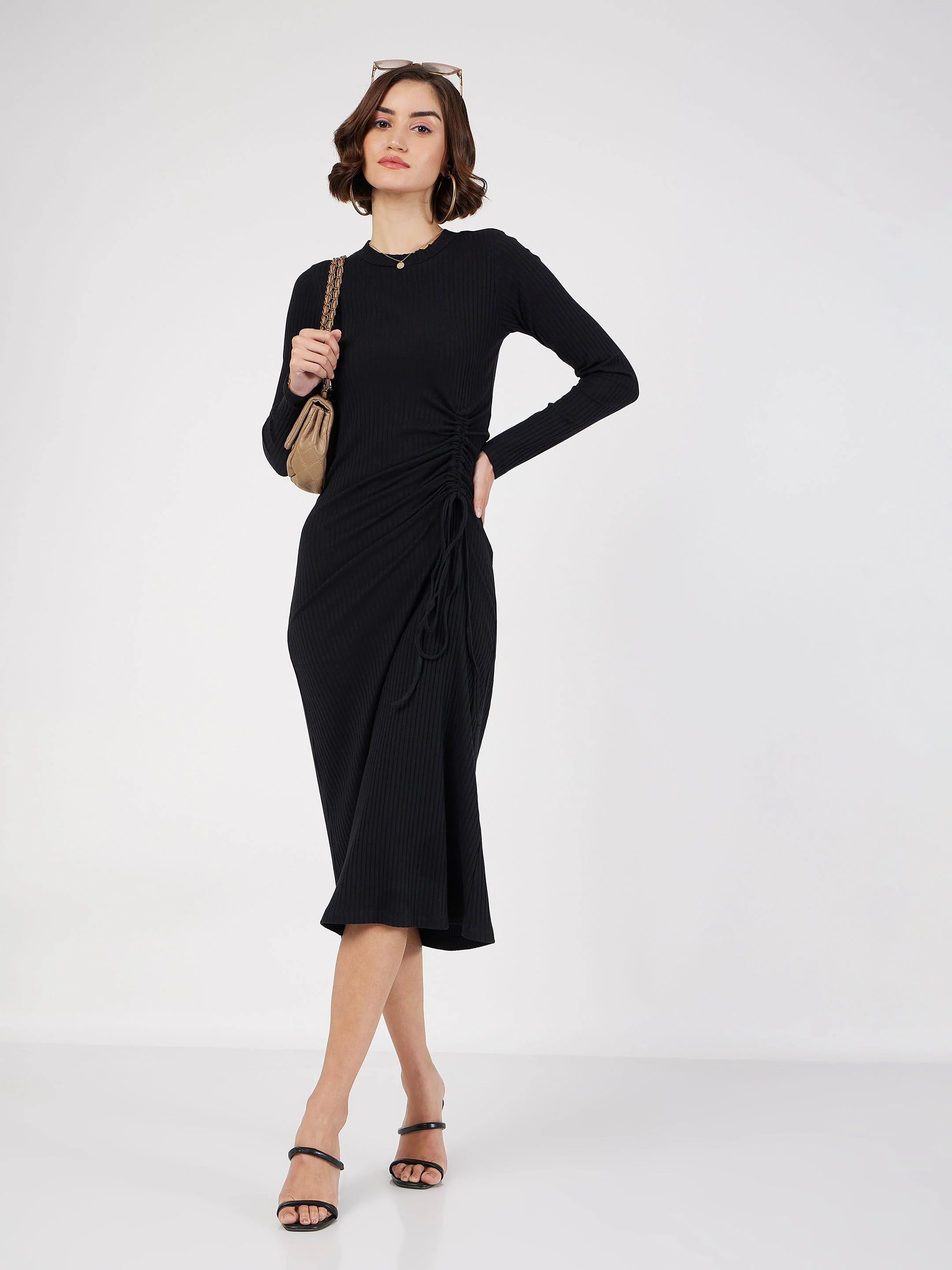 Women Black Rib Side Ruched Bodycon Midi Dress - Image 6