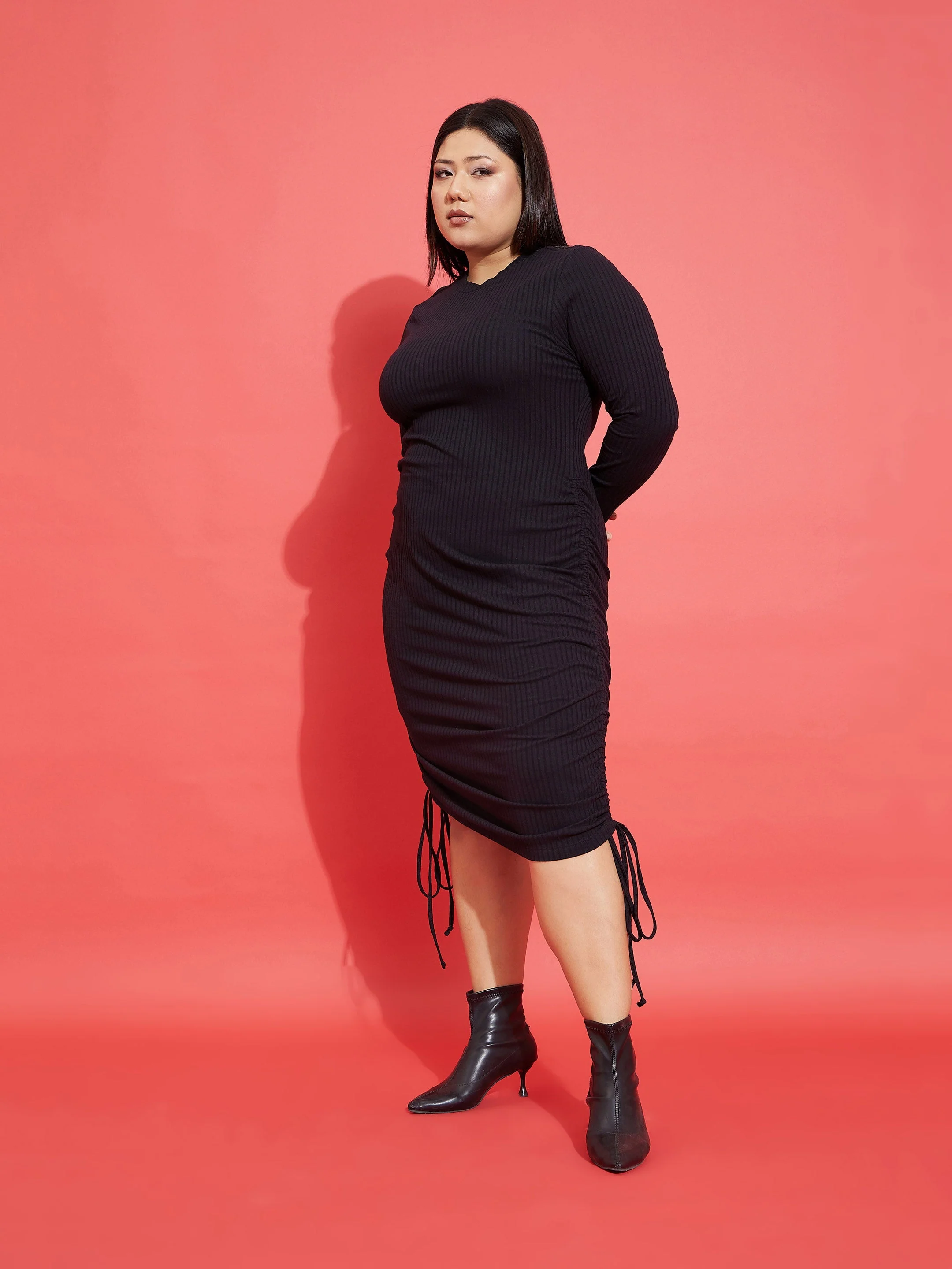 Women Black Rib Side Ruching Bodycon Dress - Image 3