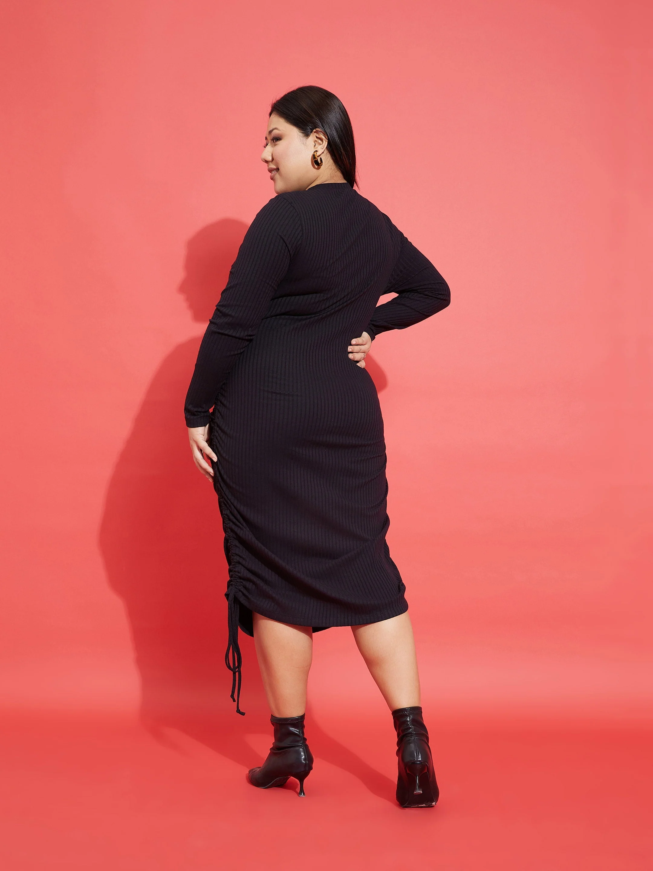 Women Black Rib Side Ruching Bodycon Dress - Image 5