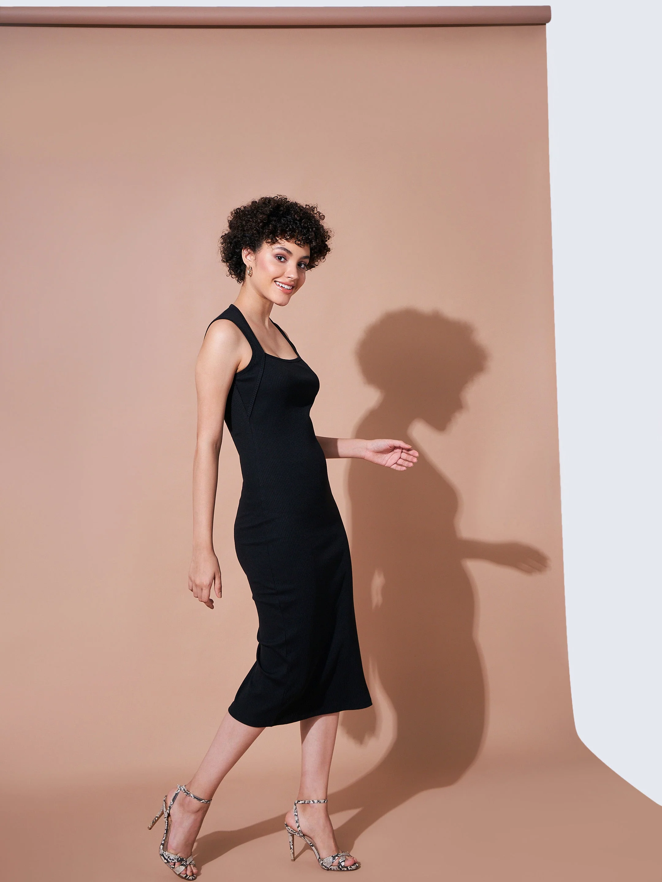 Women Black Rib Side Slit Bodycon Dress - Image 3