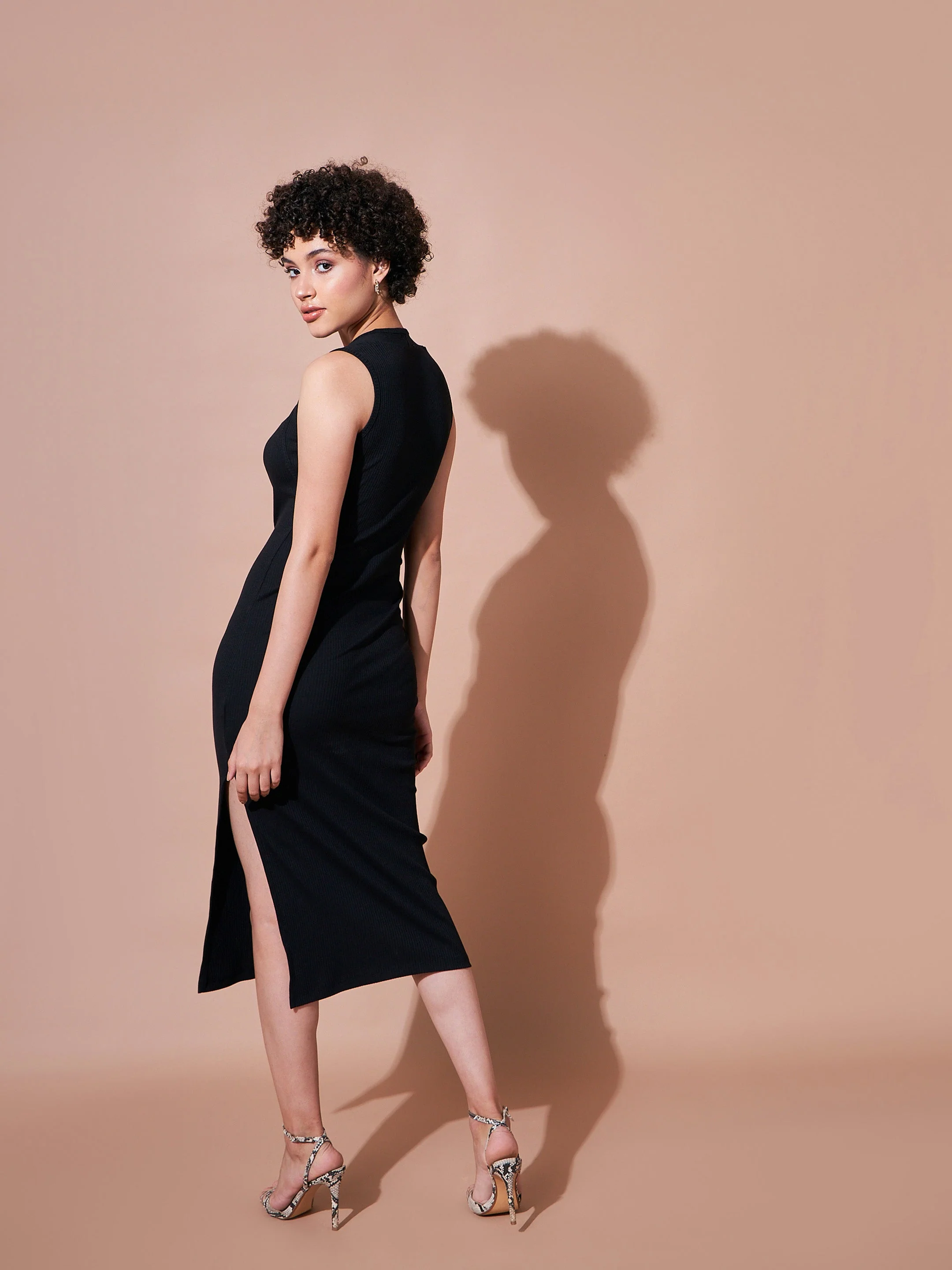 Women Black Rib Side Slit Bodycon Dress - Image 5