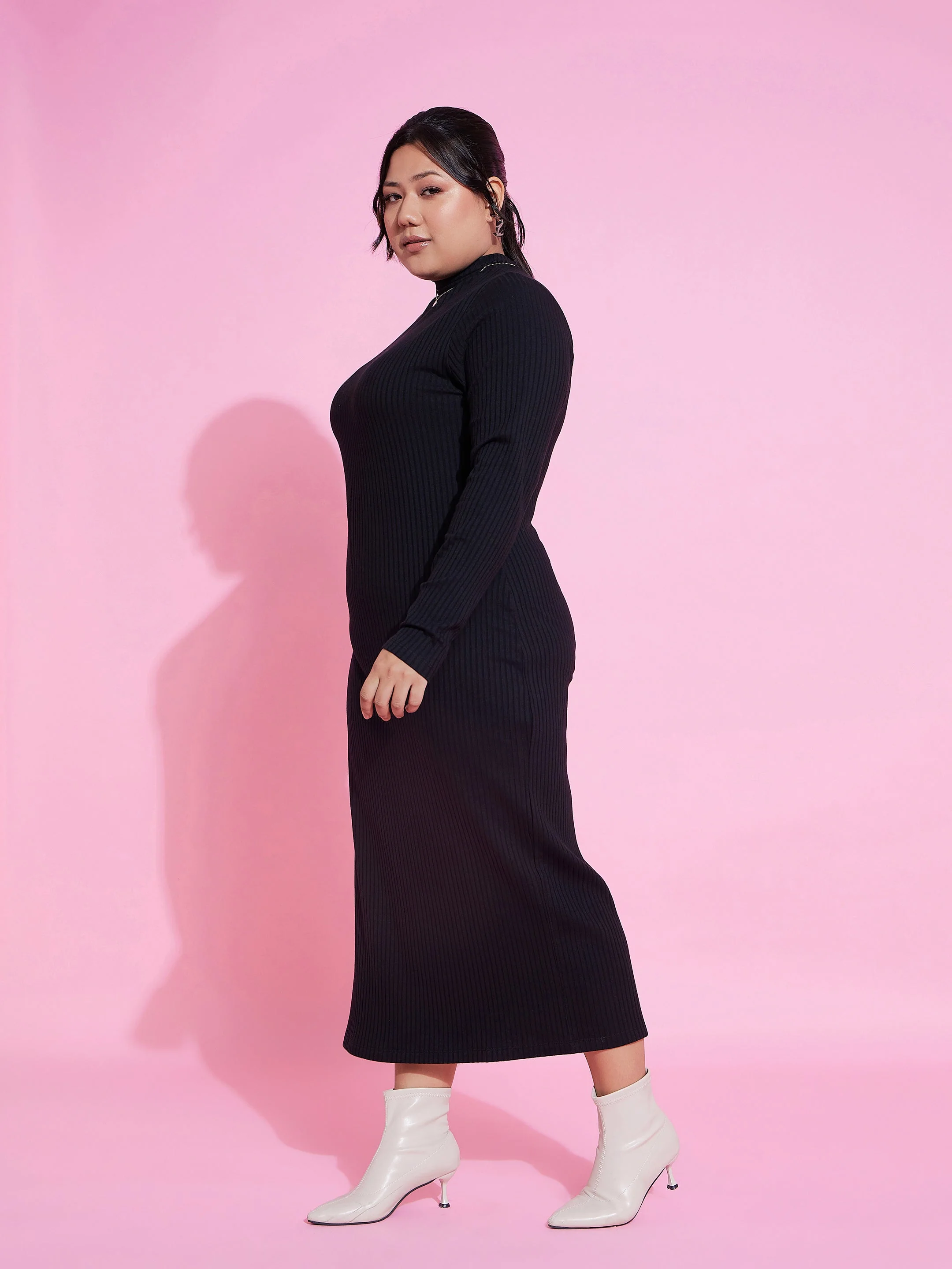 Women Black Rib Side Slit Bodycon Midi Dress - Image 3