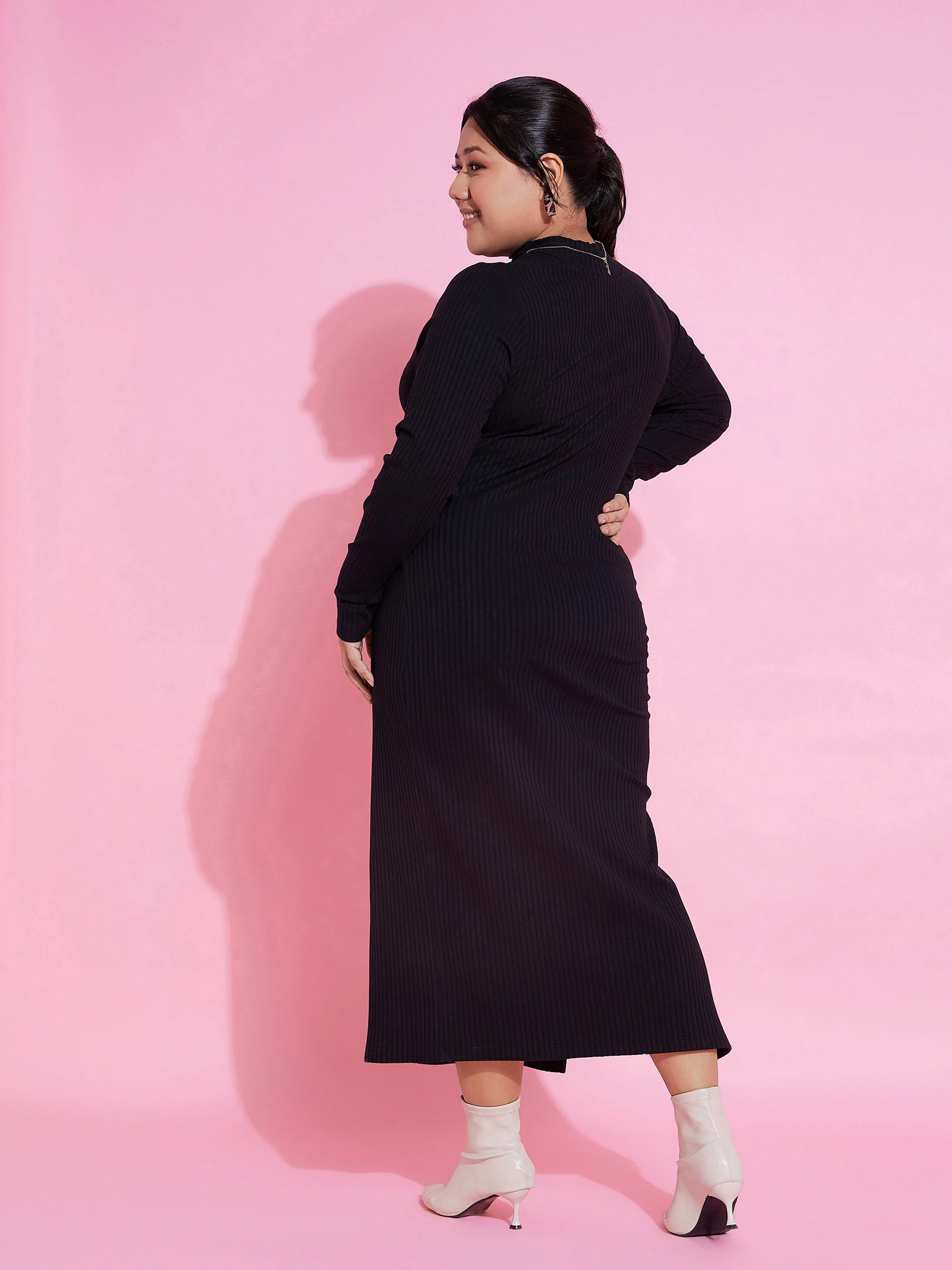 Women Black Rib Side Slit Bodycon Midi Dress - Image 5