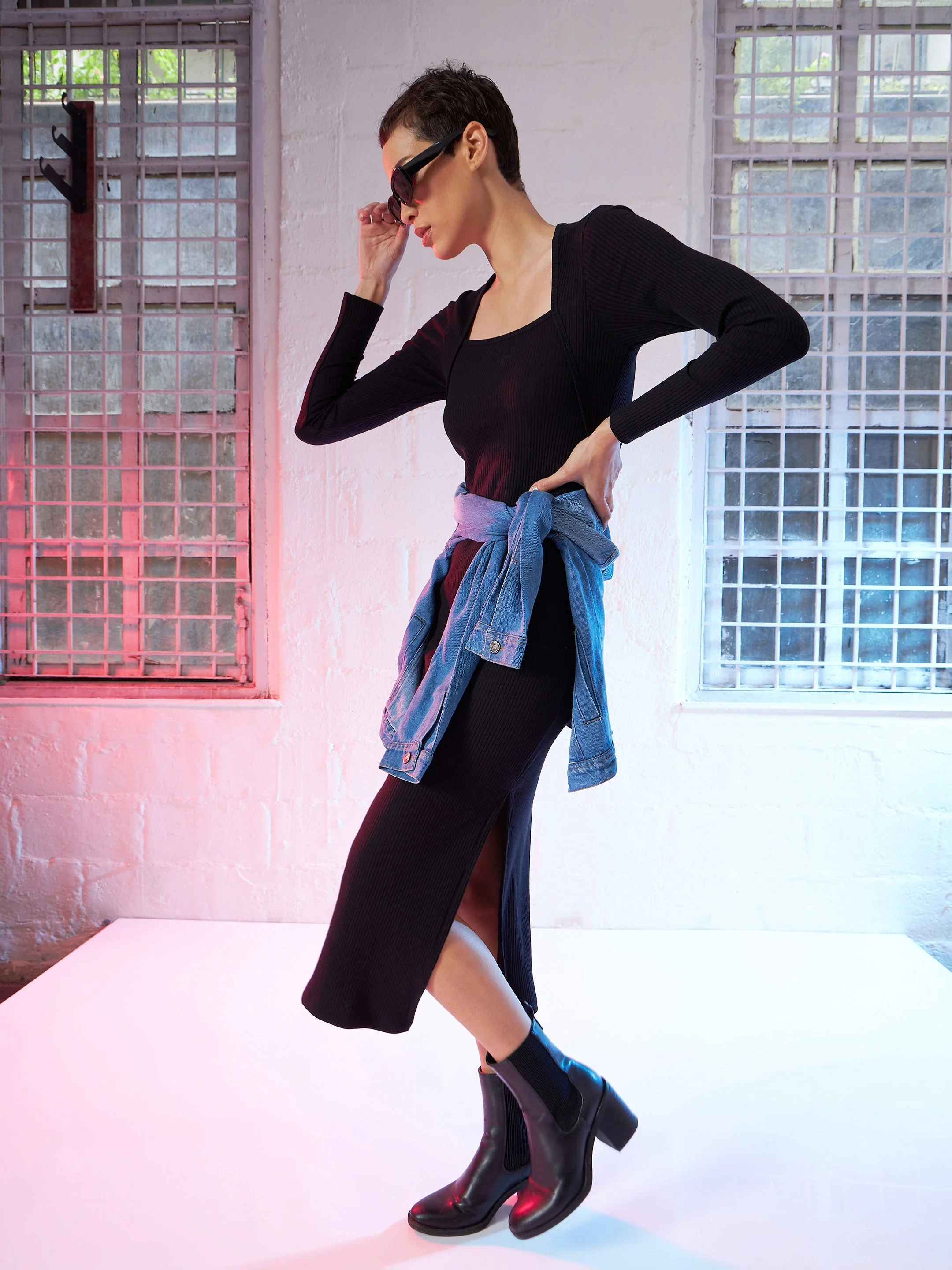 Women Black Rib Side Slit Full Sleeves Bodycon Dress - Image 6
