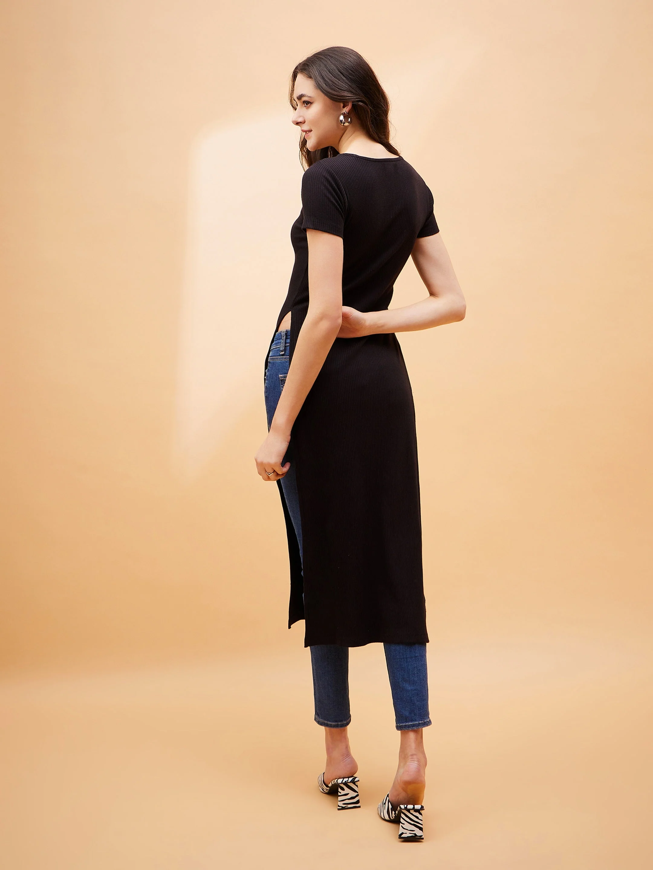 Women Black Rib Side Slit Longline Top - Image 2