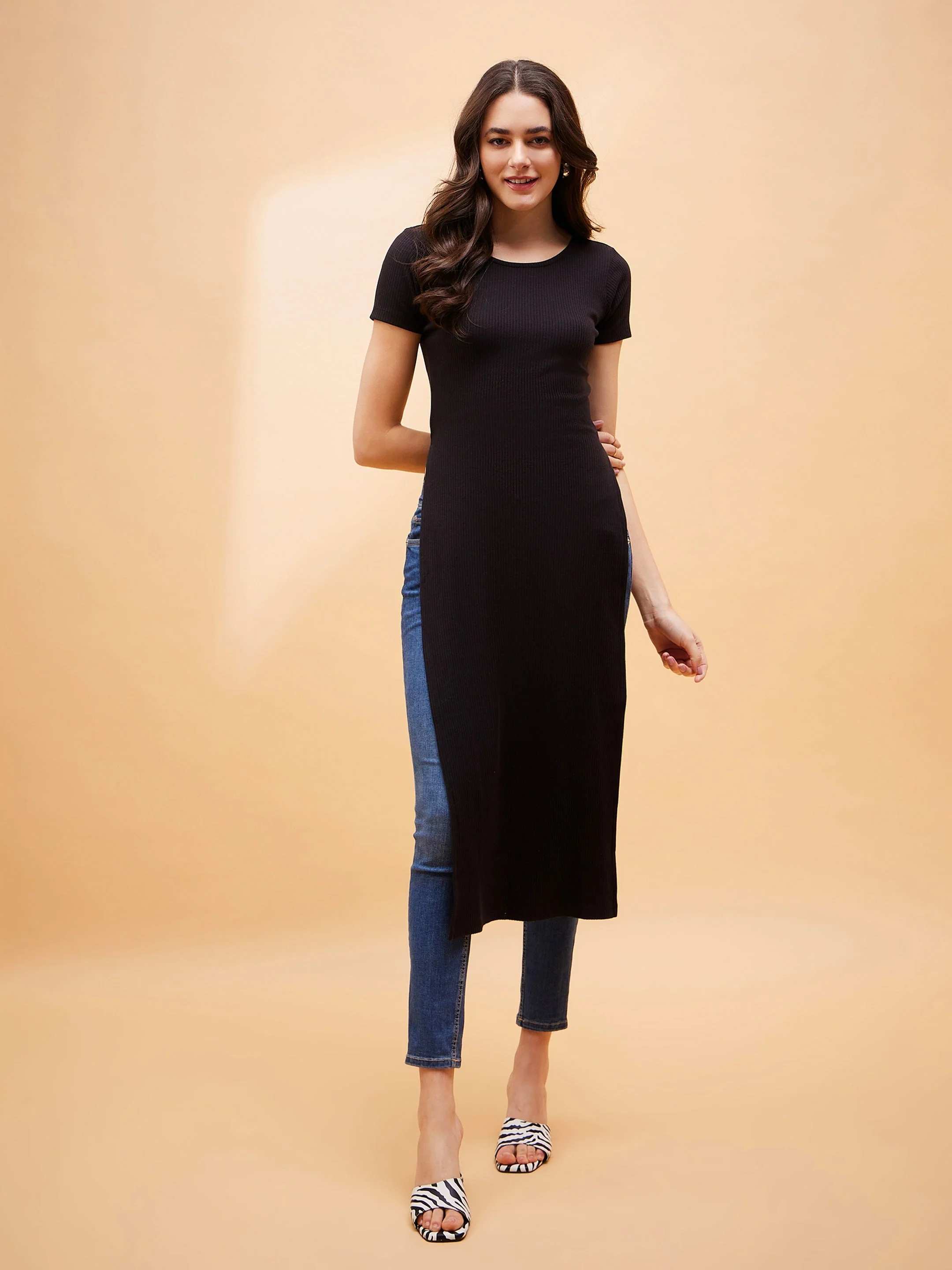 Women Black Rib Side Slit Longline Top - Image 4