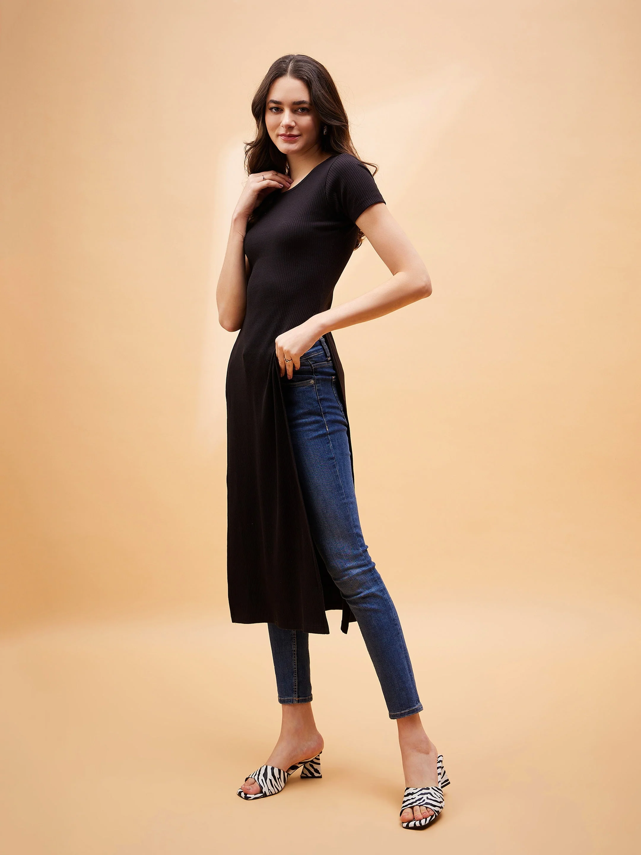Women Black Rib Side Slit Longline Top - Image 5
