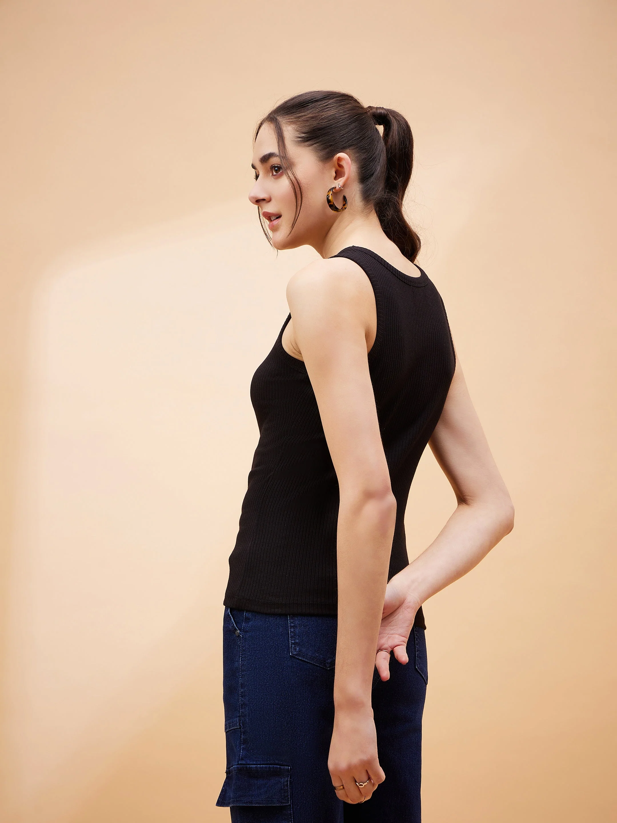 Women Black Rib Sleeveless Basic Top - Image 2