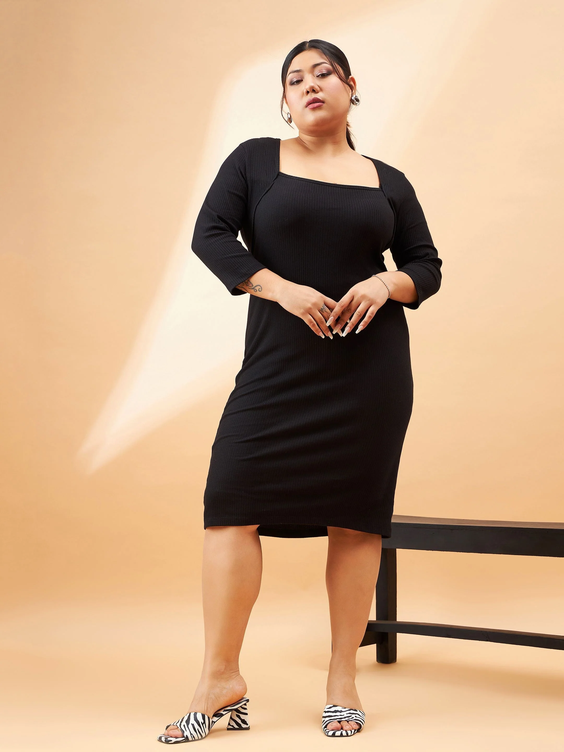 Women Black Rib Square Neck Dress - Image 2