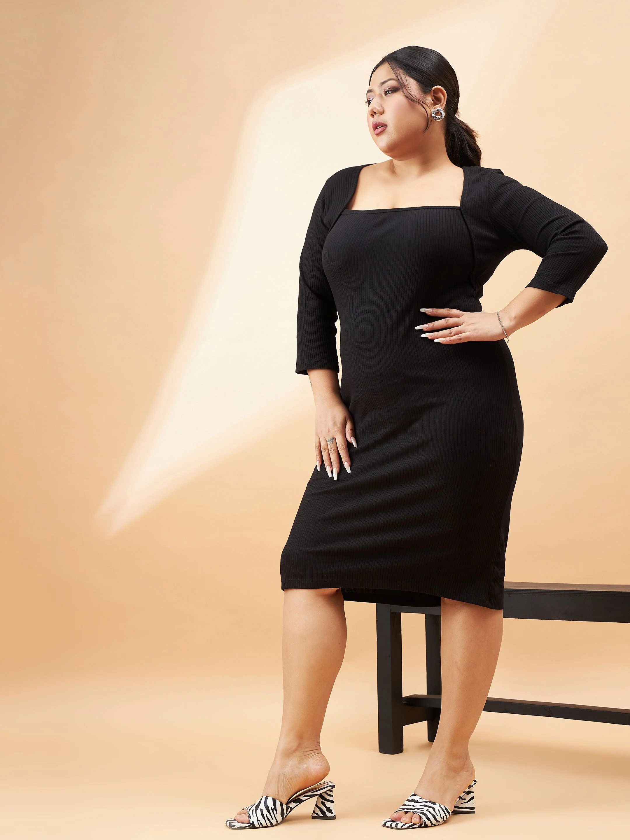 Women Black Rib Square Neck Dress - Image 3