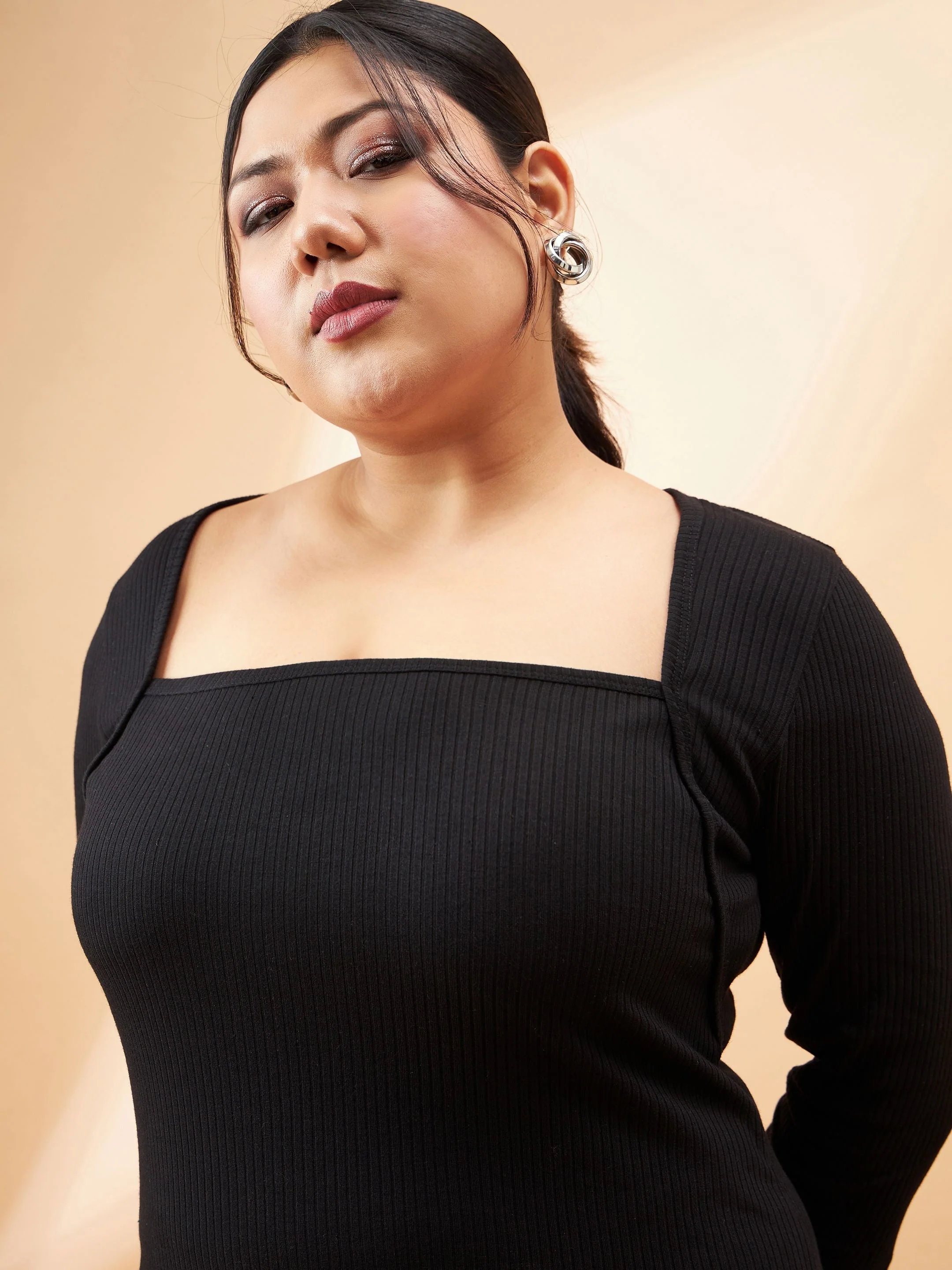 Women Black Rib Square Neck Dress - Image 4