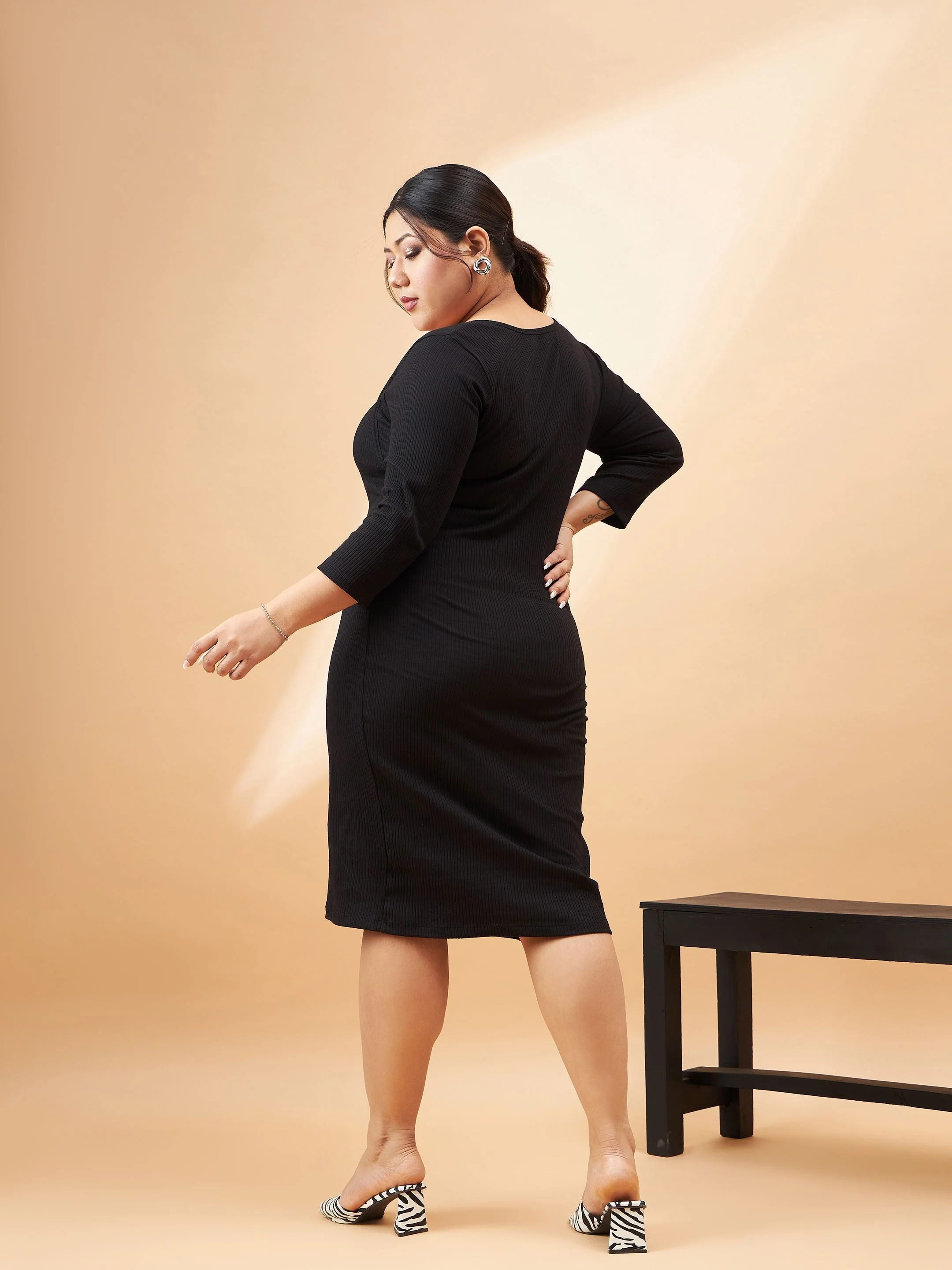 Women Black Rib Square Neck Dress - Image 5