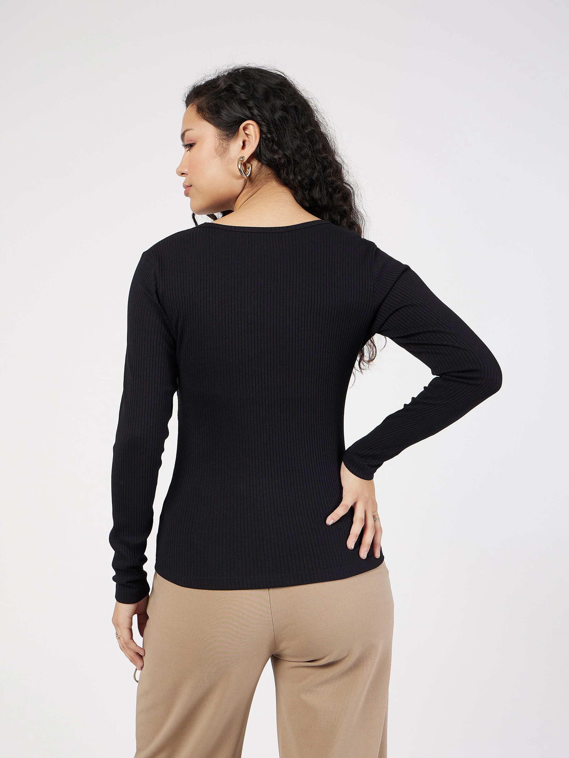 Women Black Rib Square Neck Full Sleeves Top - Image 2