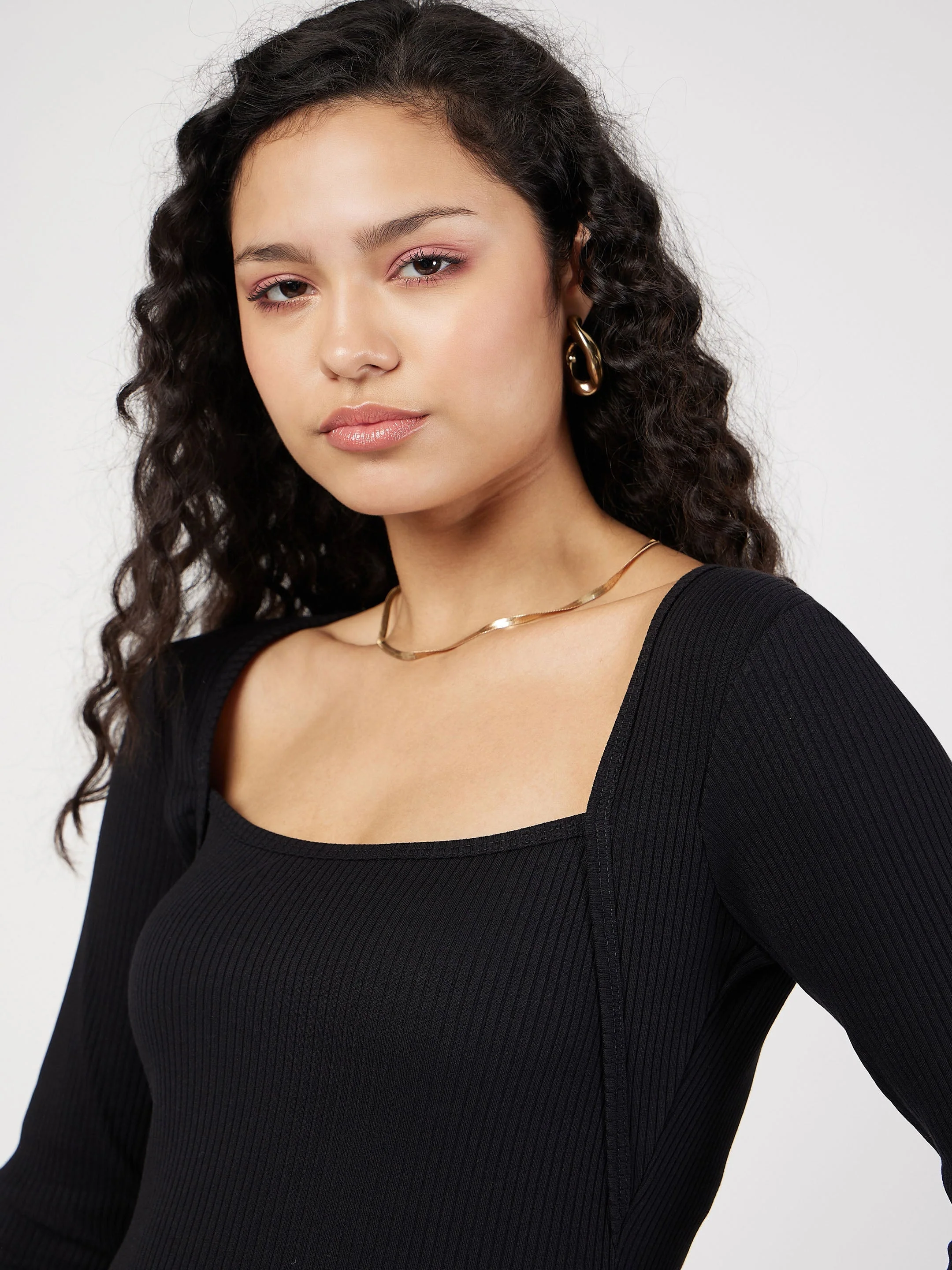 Women Black Rib Square Neck Full Sleeves Top - Image 3