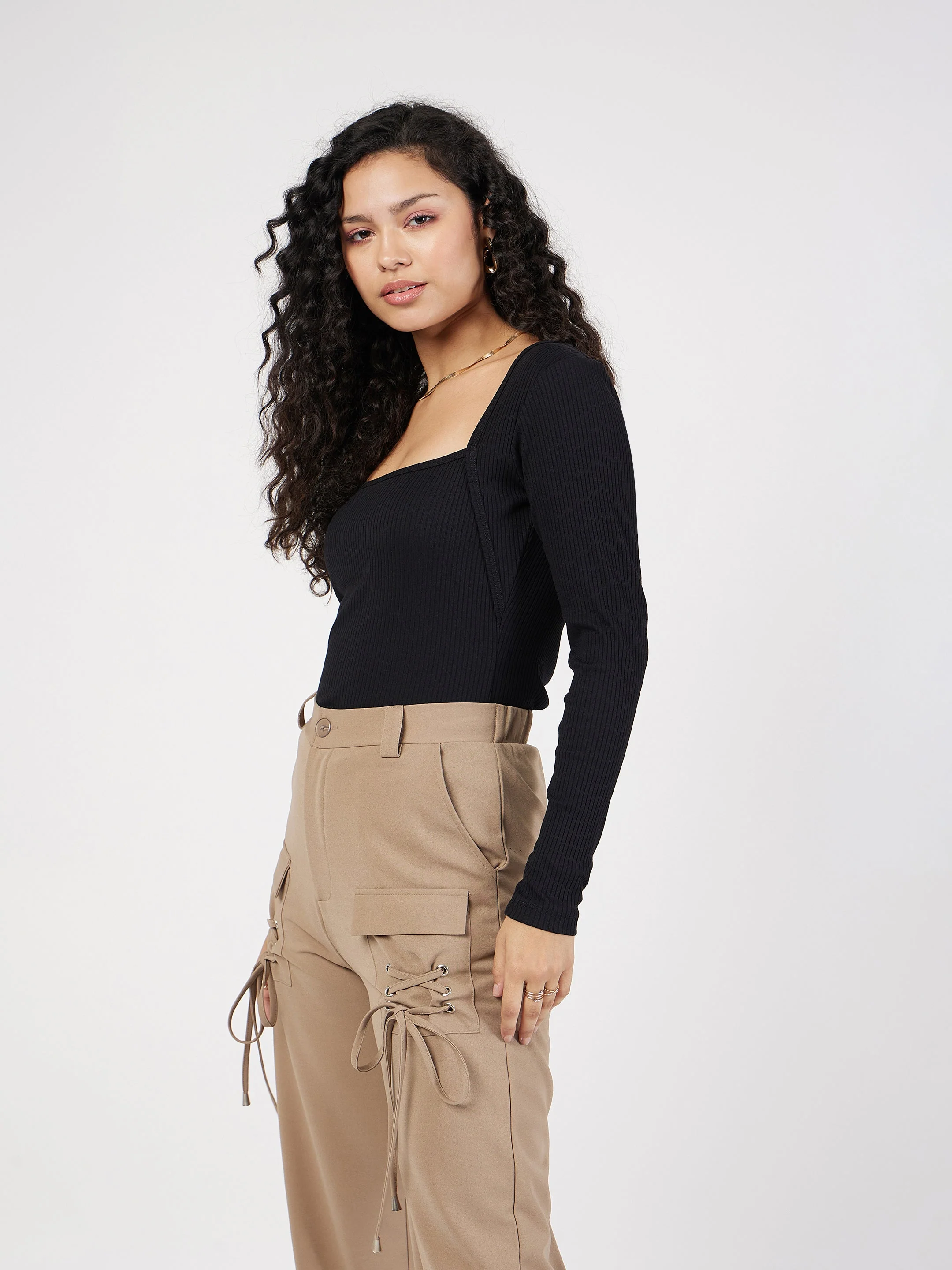 Women Black Rib Square Neck Full Sleeves Top - Image 5