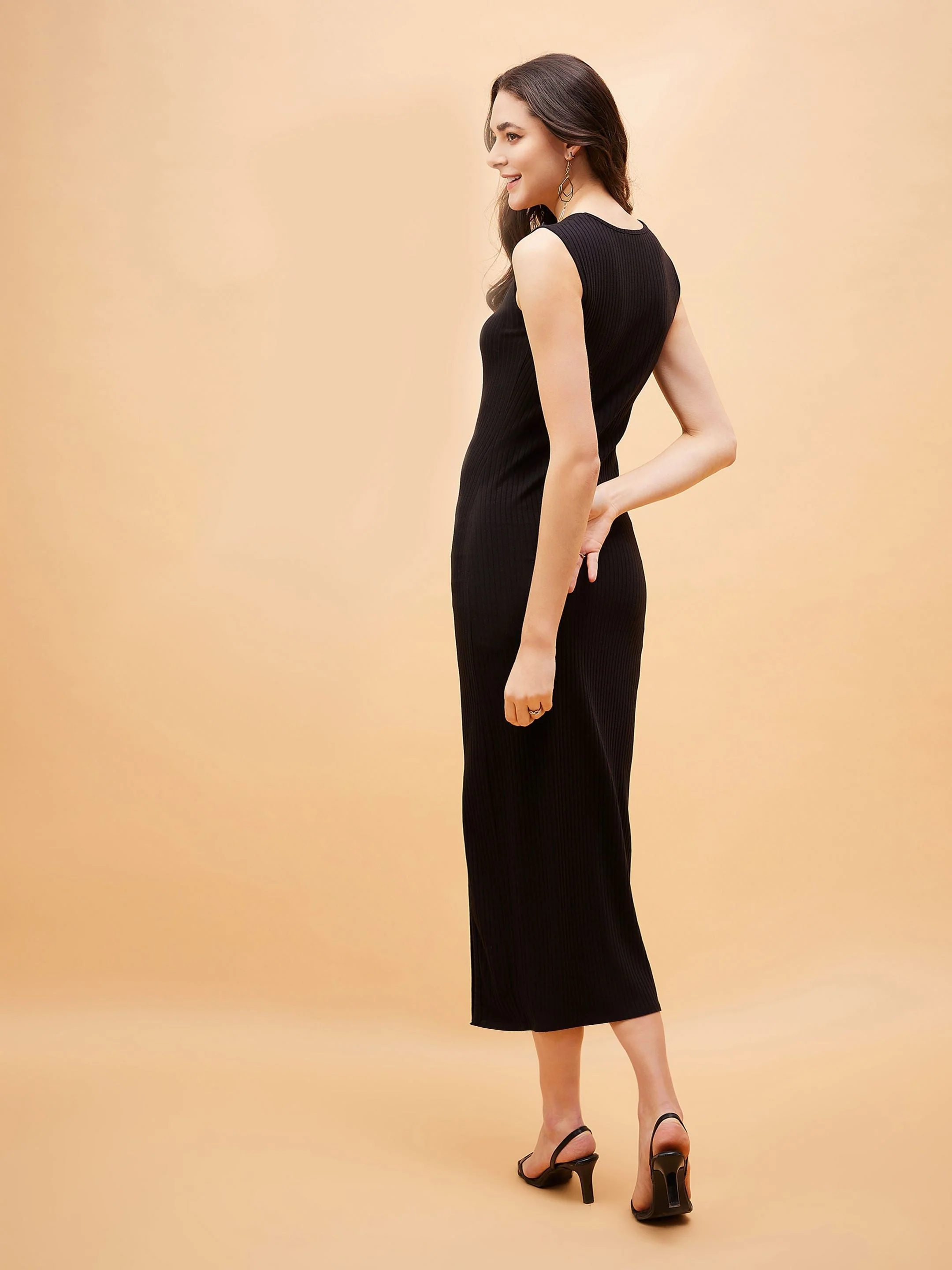 Women Black Rib Square Neck Midi Slit Dress - Image 2