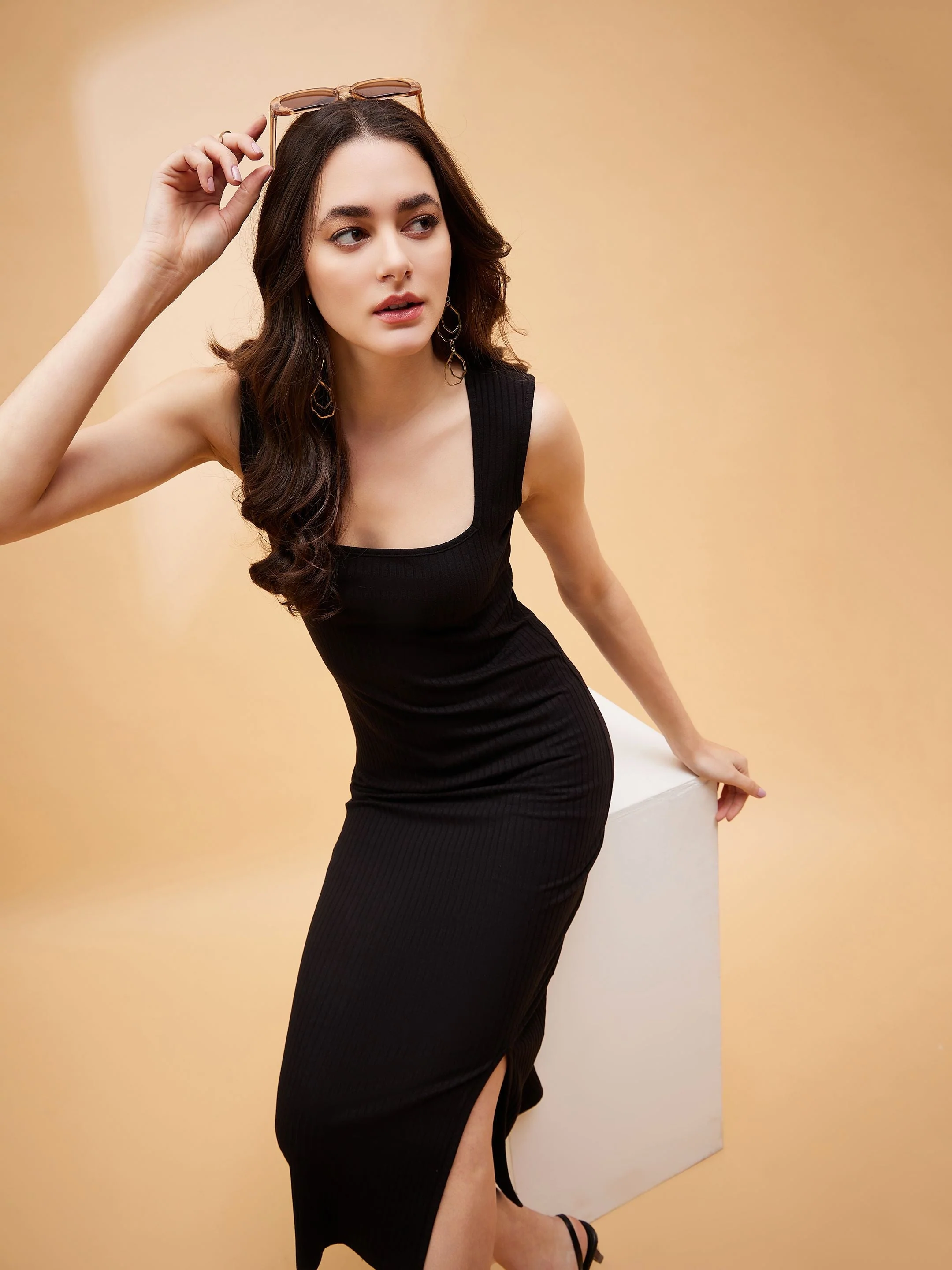 Women Black Rib Square Neck Midi Slit Dress - Image 4