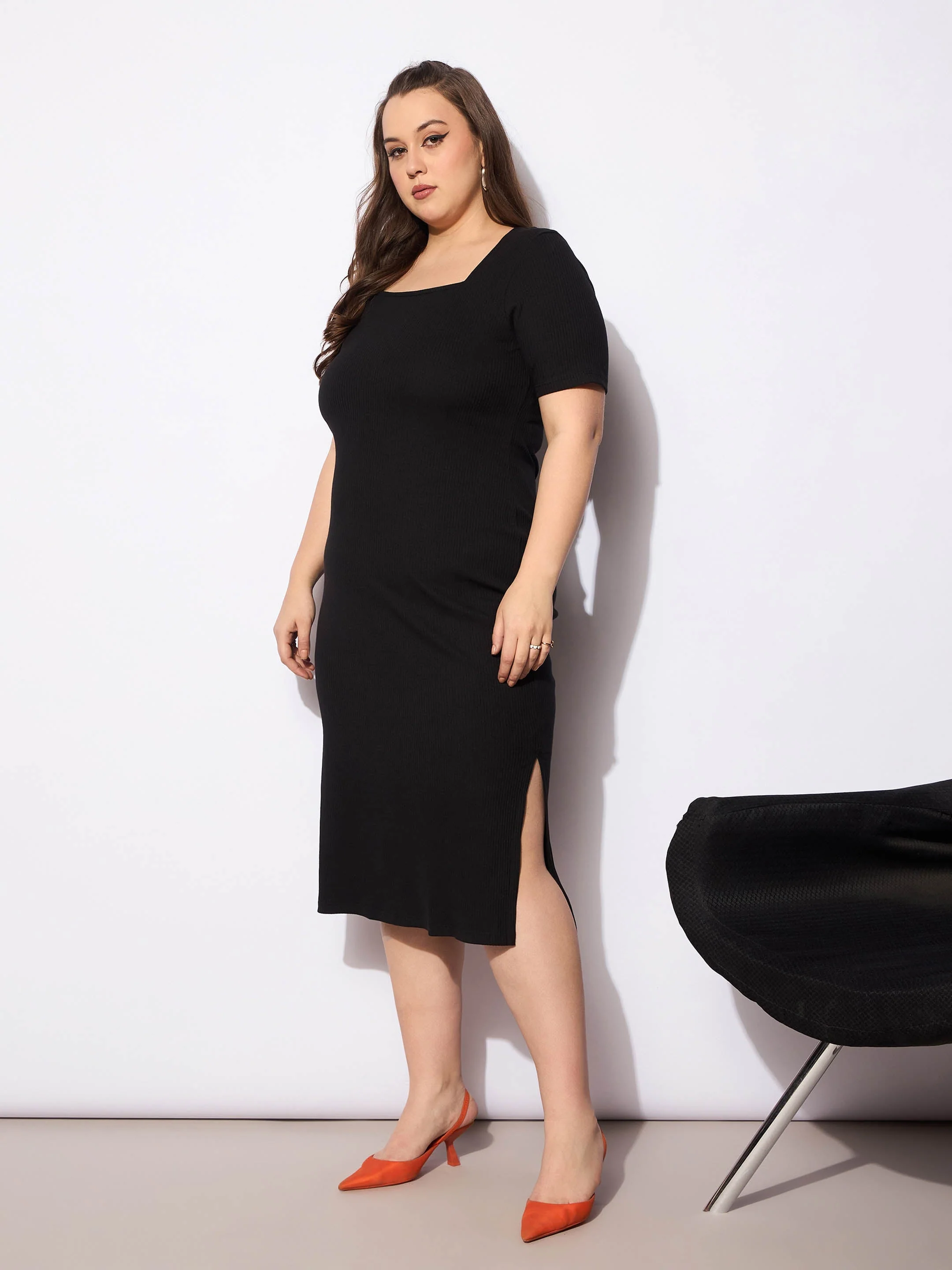 Women Black Rib Square Neck Short Sleeves Midi Dress - Image 3